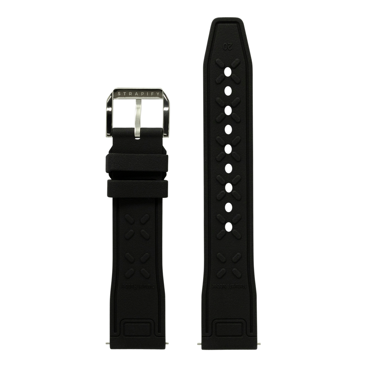 Black FKM rubber watch band with stainless steel buckle and adjustment holes, compatible with Apple Watch