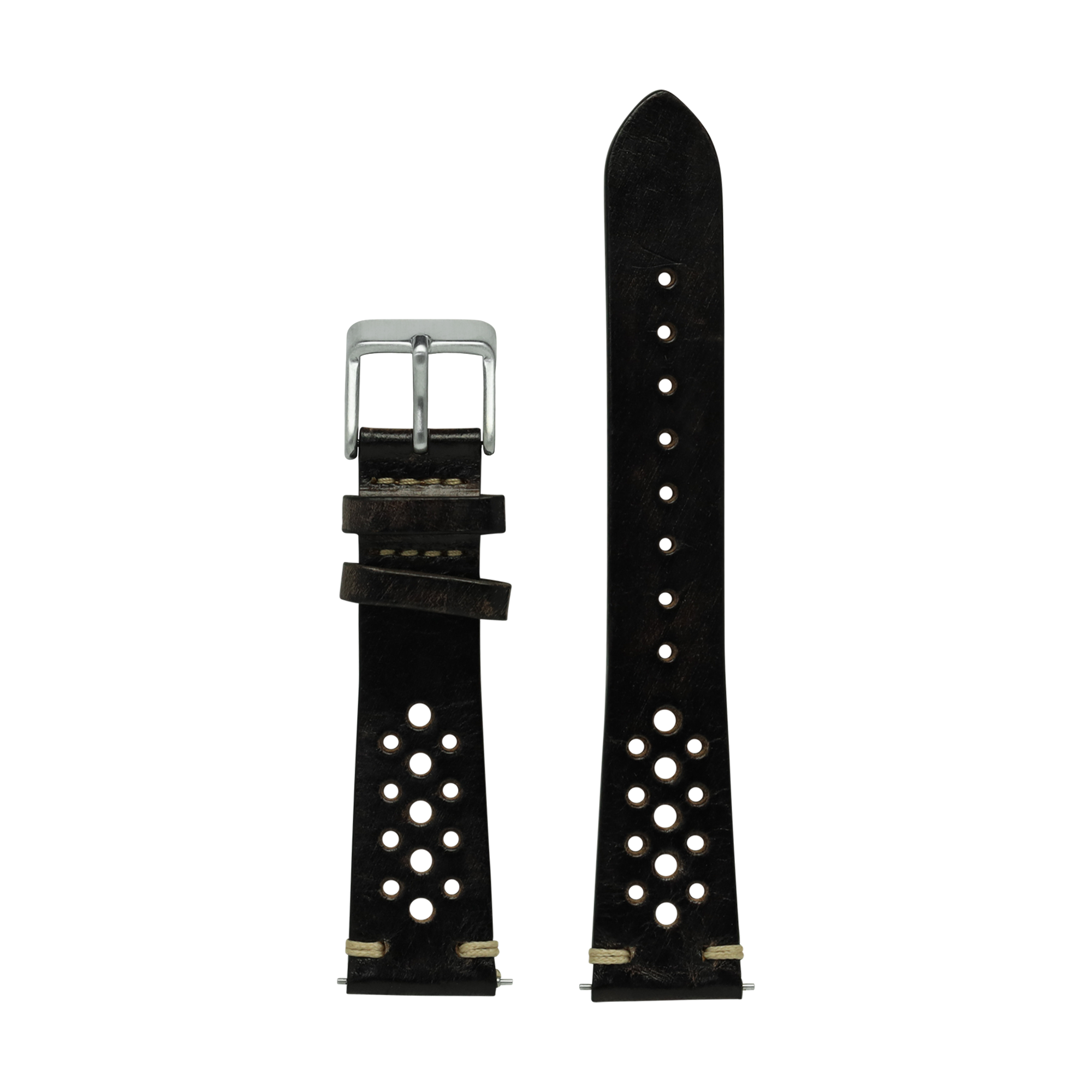 Black leather watch band with silver studs and quick-release buckle, vintage rally style, 20mm width