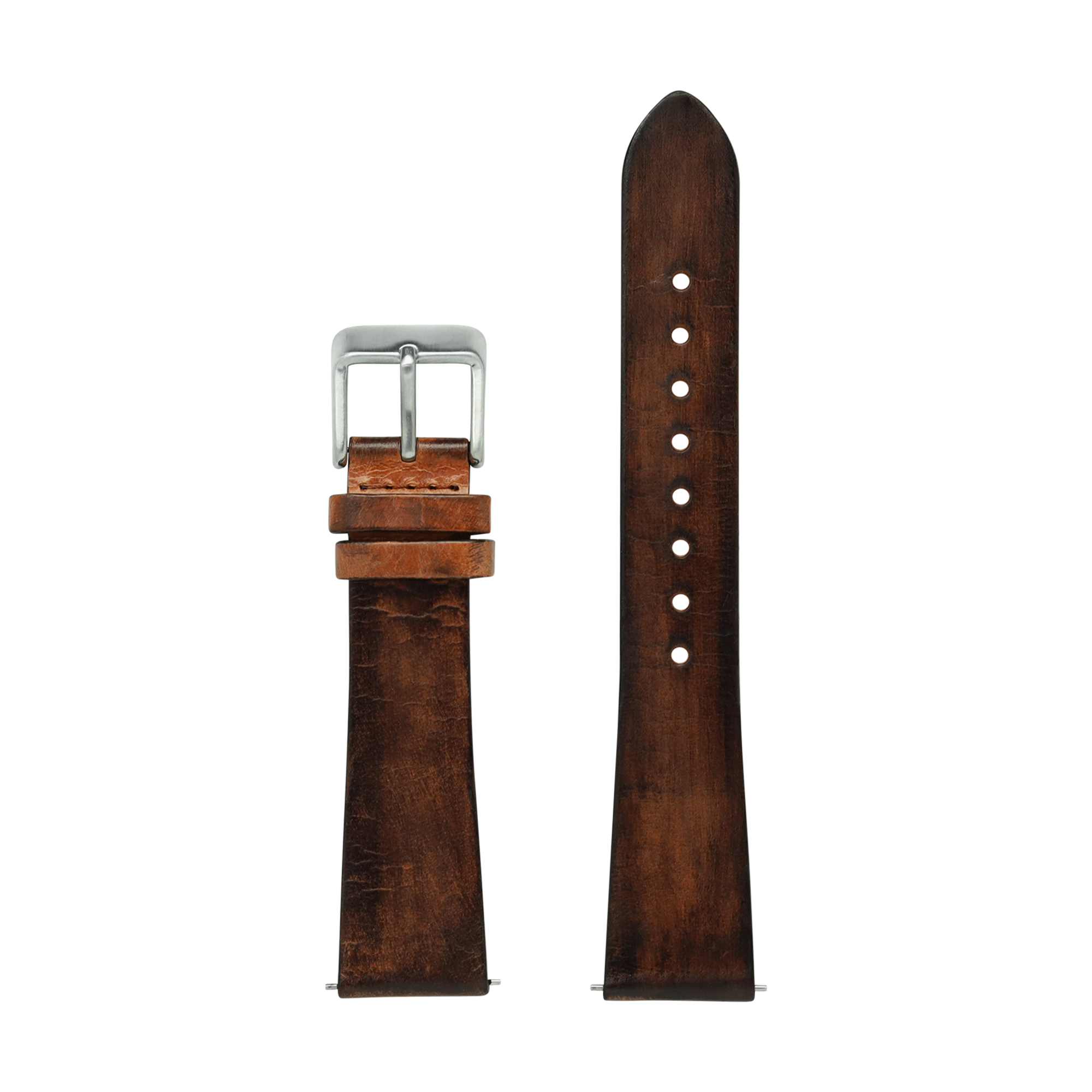 Vintage smoked brown leather watch strap with silver buckle, 26mm quick-fit band with white stud details