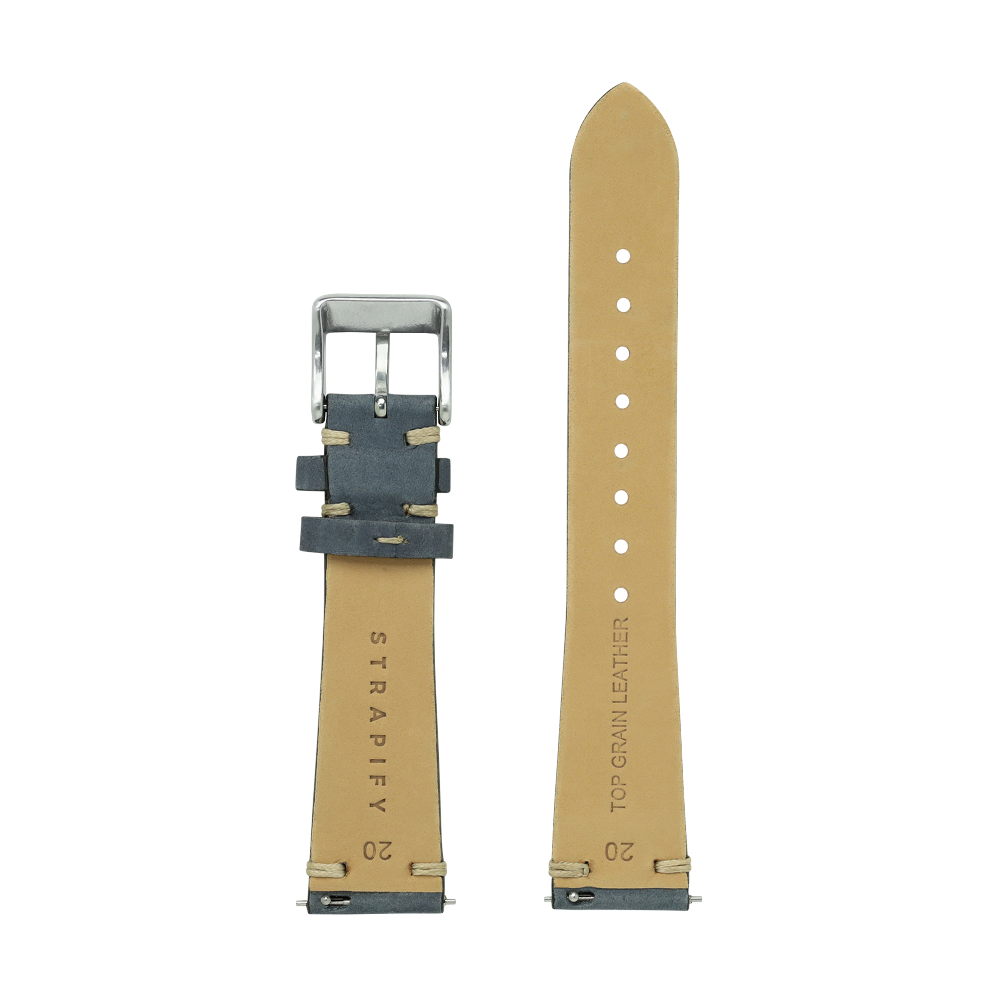 Tan nubuck leather watch strap with slate grey quick release buckle and vintage knotted design, 20mm width