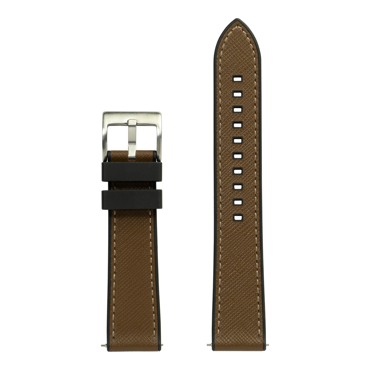 Brown Saffiano leather and black rubber hybrid Apple Watch band with silver buckle and white stitching