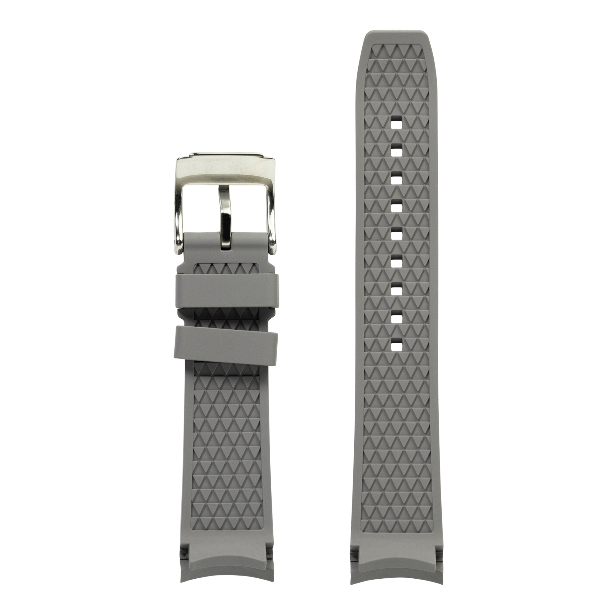 Gray rubber watch band with diamond pattern, curved design, stainless steel buckle, and quick-release pins