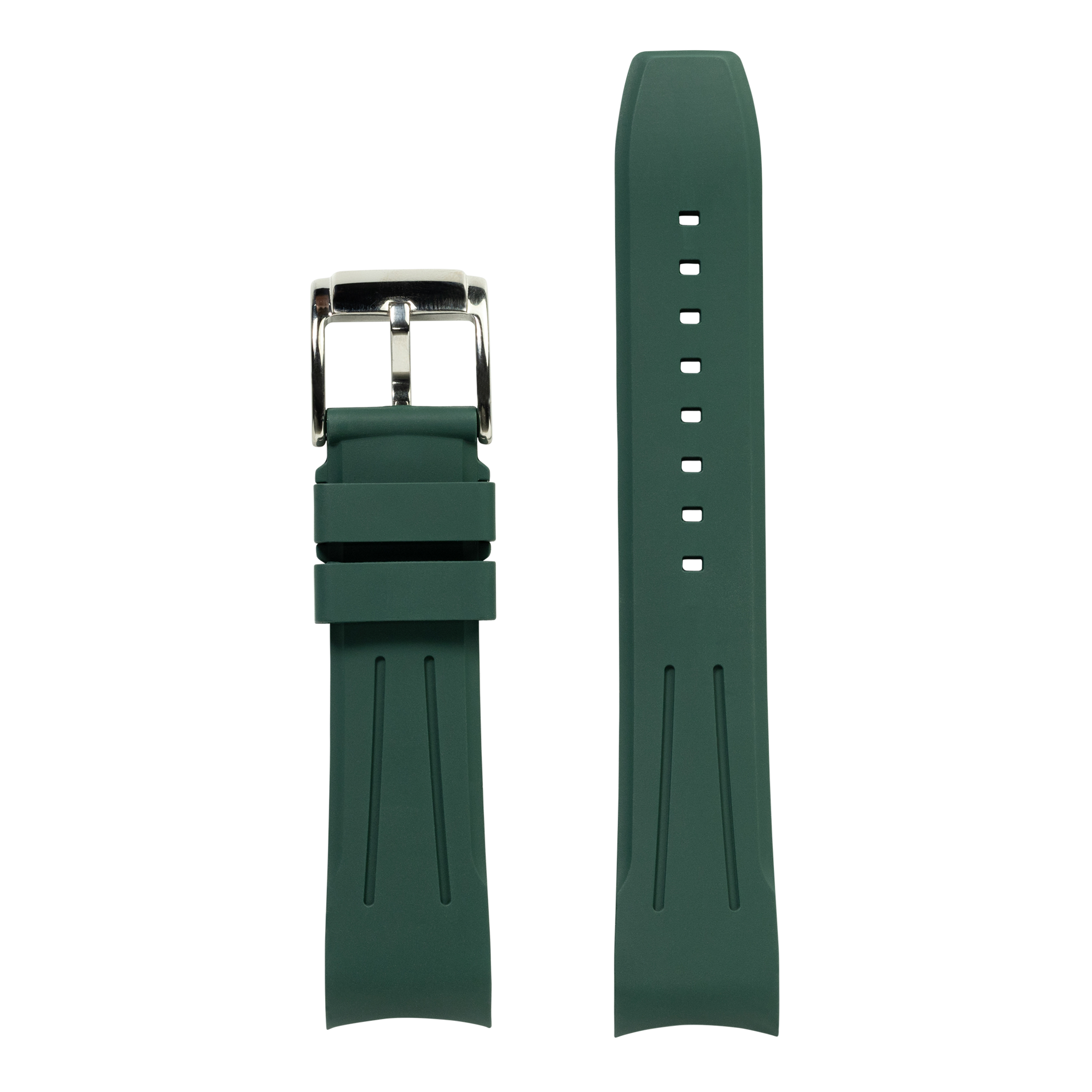 Forest green curved FKM rubber watch band with stainless steel buckle and adjustment holes