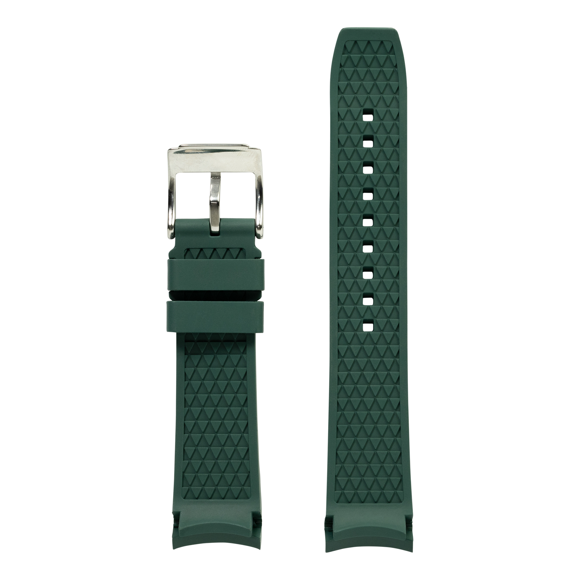 Green textured rubber watch band with curved buckle and adjustment holes, front and back view