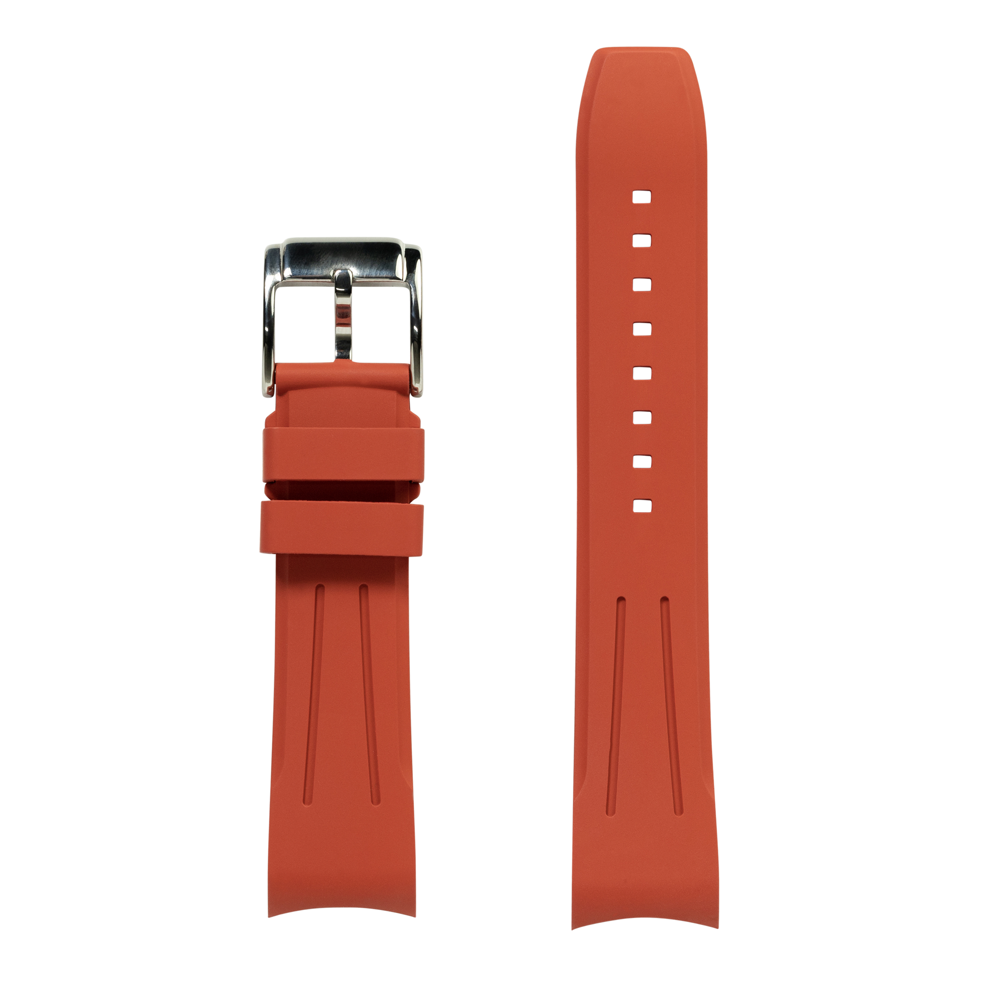 Red curved FKM rubber watch band with stainless steel buckle and white adjustment holes