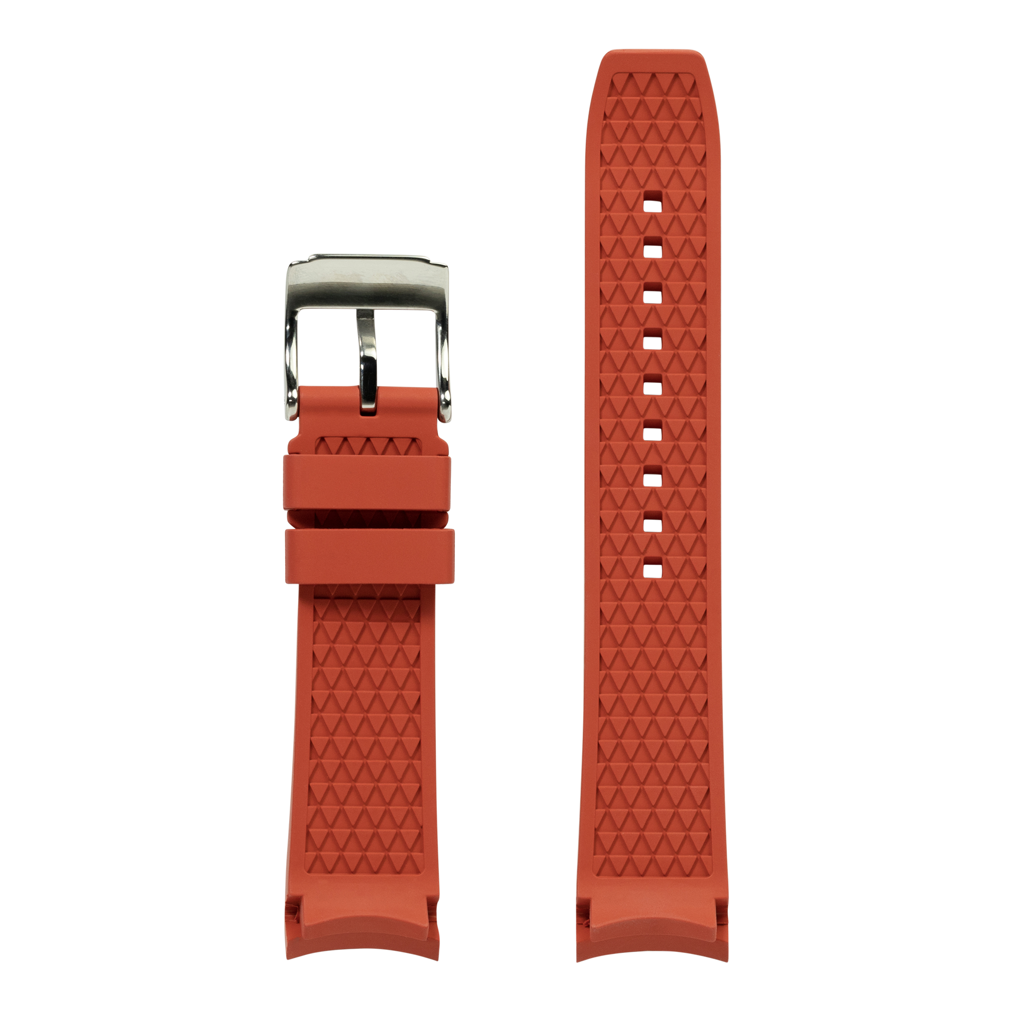 Red curved FKM rubber watch strap with triangle pattern and stainless steel buckle