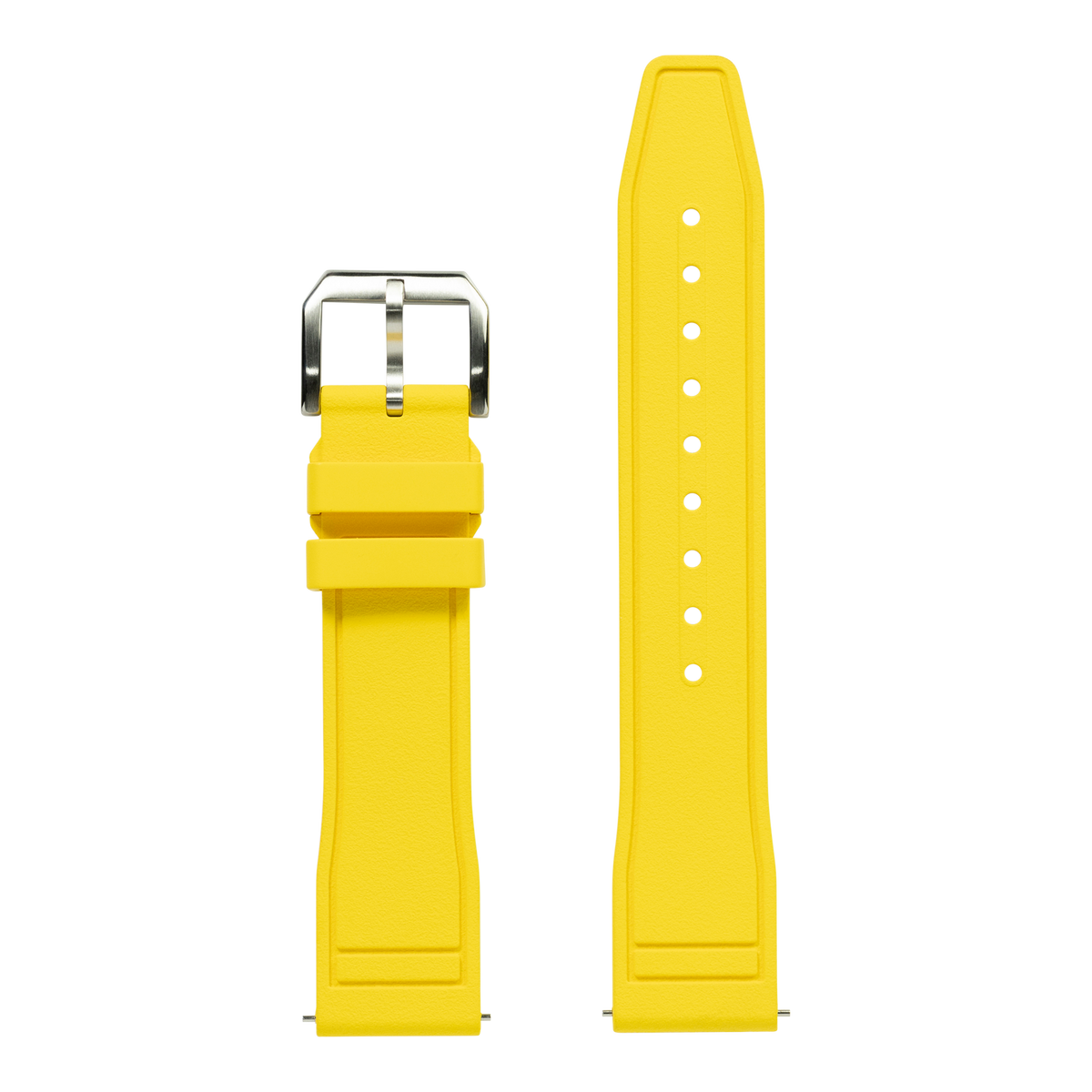 Yellow FKM rubber watch band with stainless steel buckle and white adjustment holes for Apple Watch
