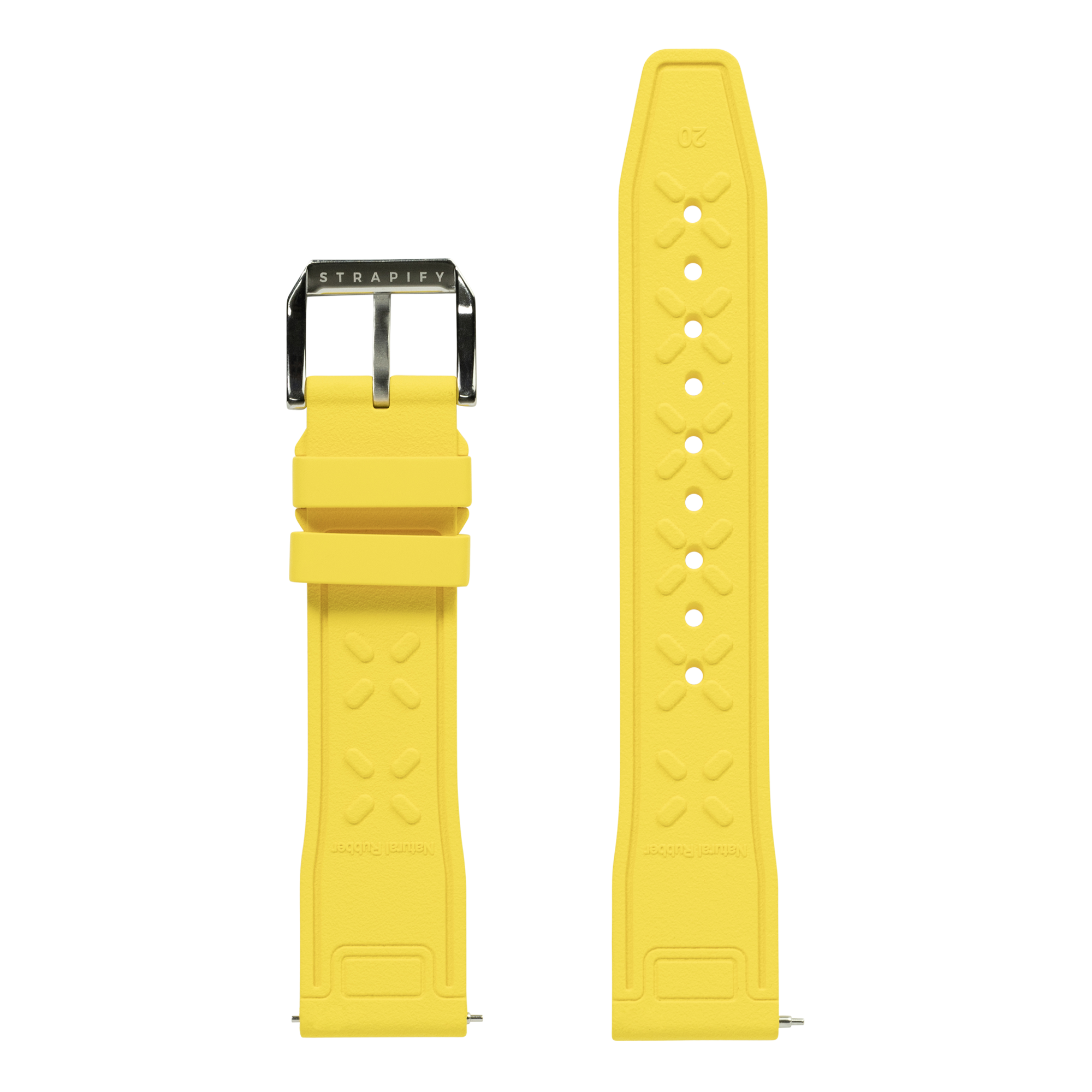 Yellow silicone watch strap with quick release mechanism and brushed steel buckle, textured pattern design