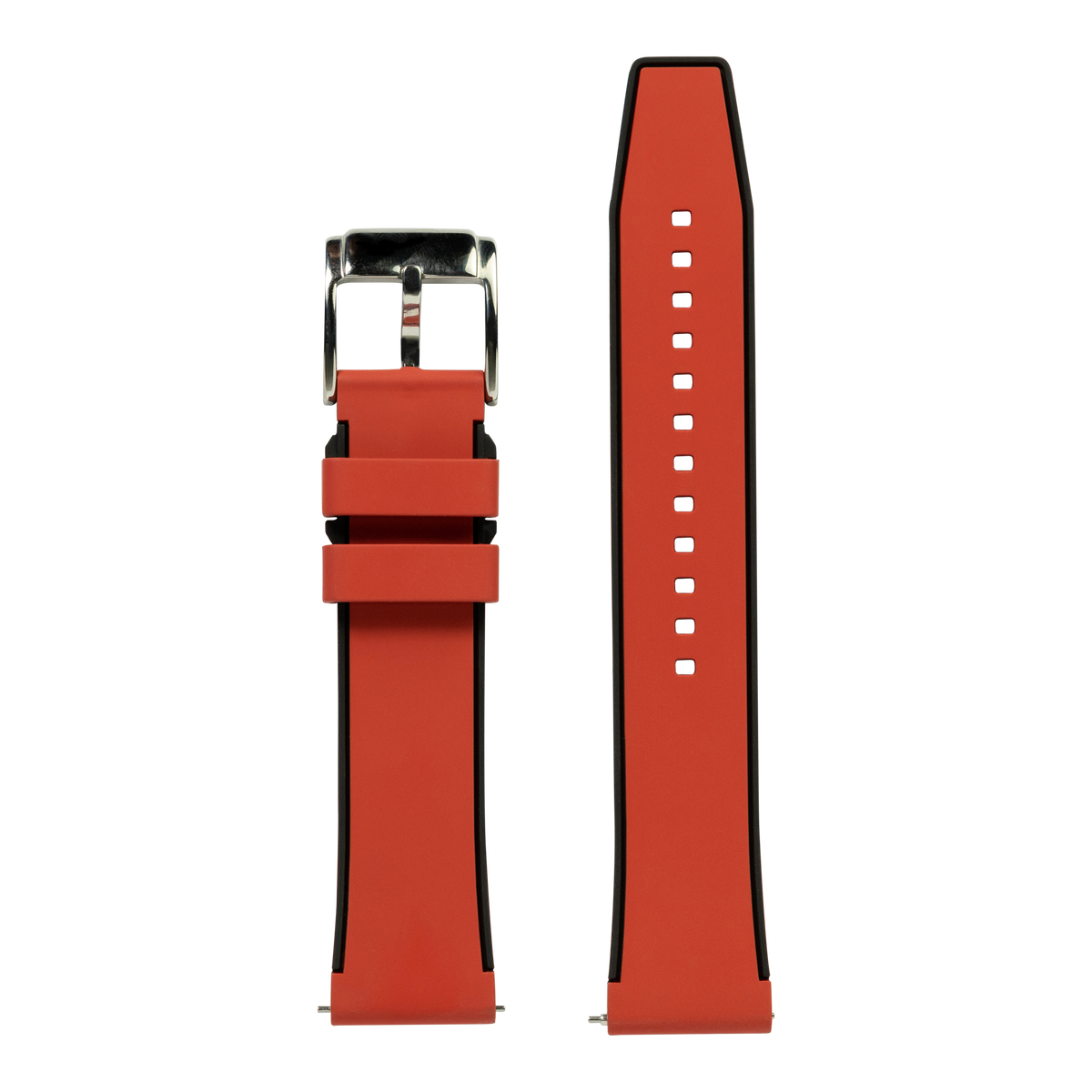 Red and black FKM rubber Apple Watch band with polished silver buckle and perforated holes shown front and back