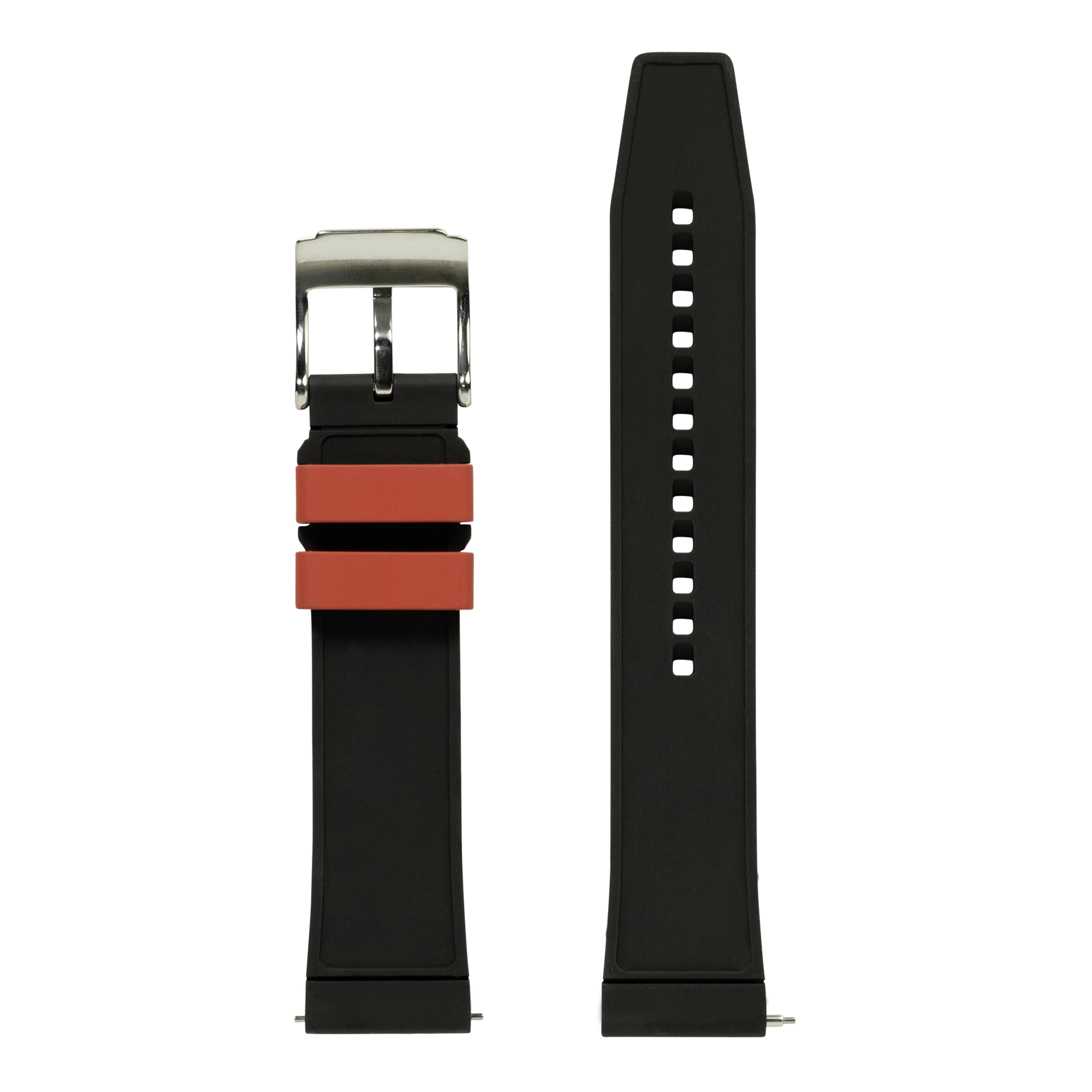 Black and red two-tone FKM rubber watch band with quick release pins and silver buckle