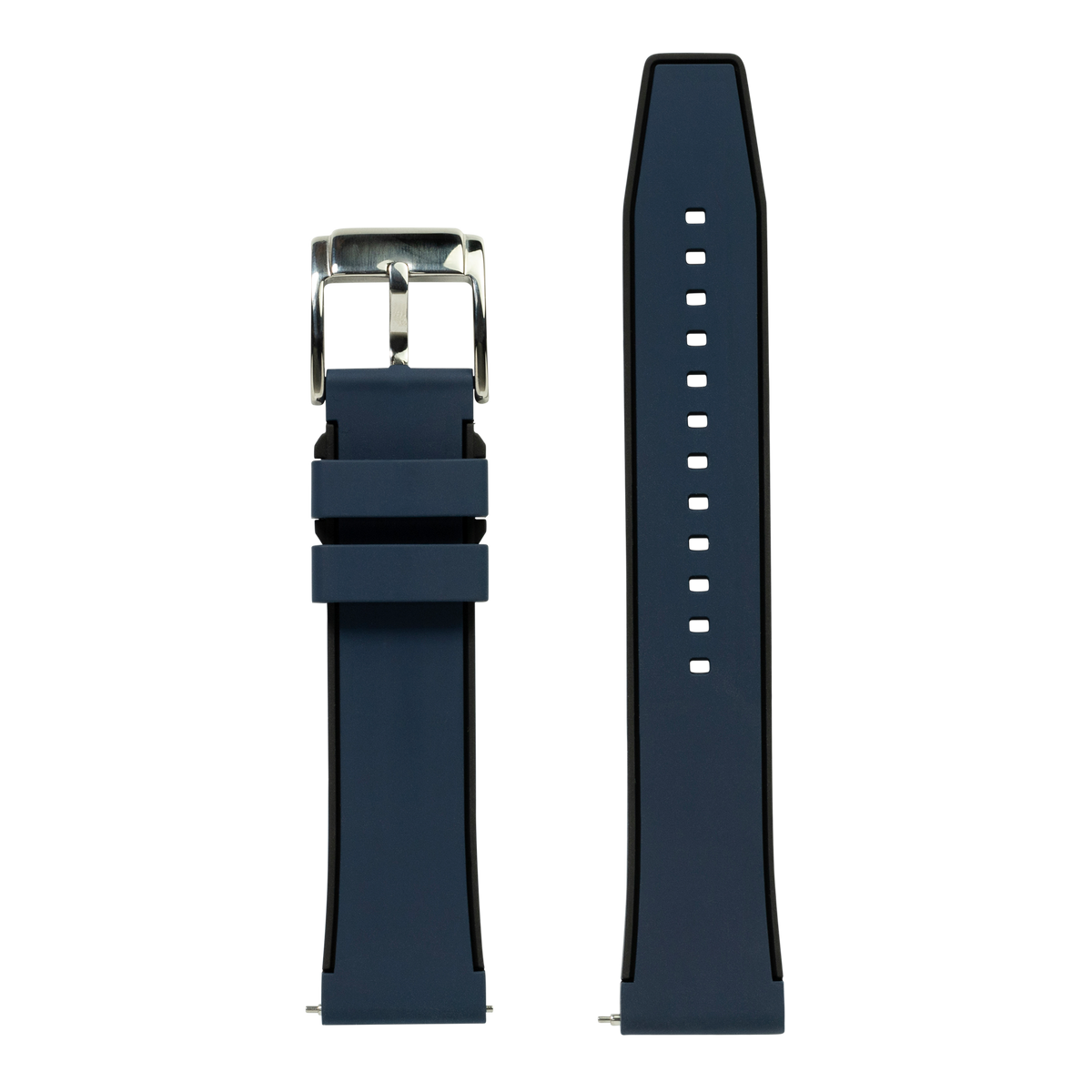 Navy blue silicone watch band with silver buckle and adjustment holes, shown front and back view
