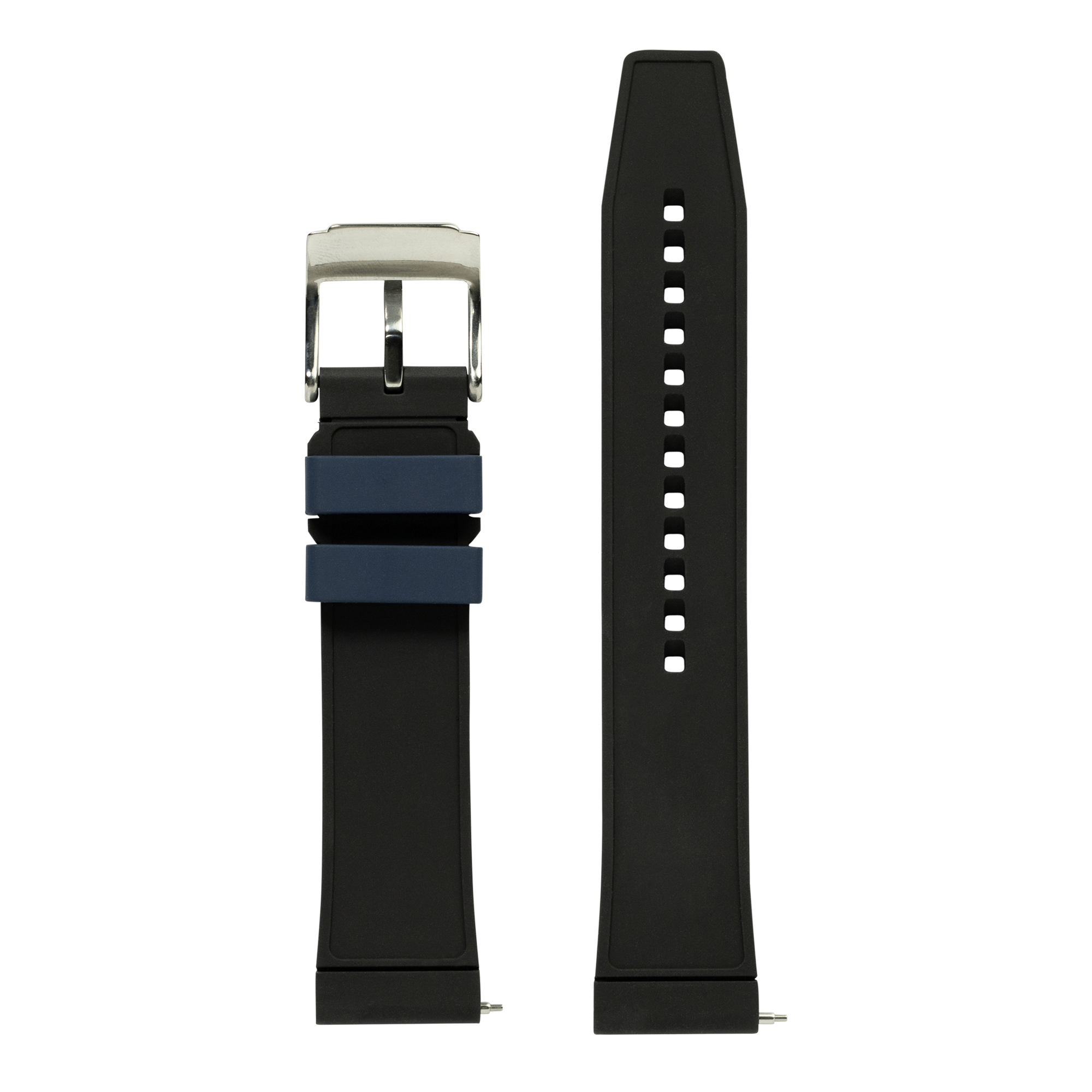 Two-tone black and blue silicone watch band with quick release pins and silver buckle, shown assembled and disassembled