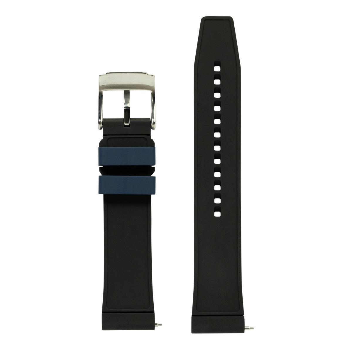 Black and navy blue FKM rubber smartwatch band with silver buckle, shown assembled and unassembled