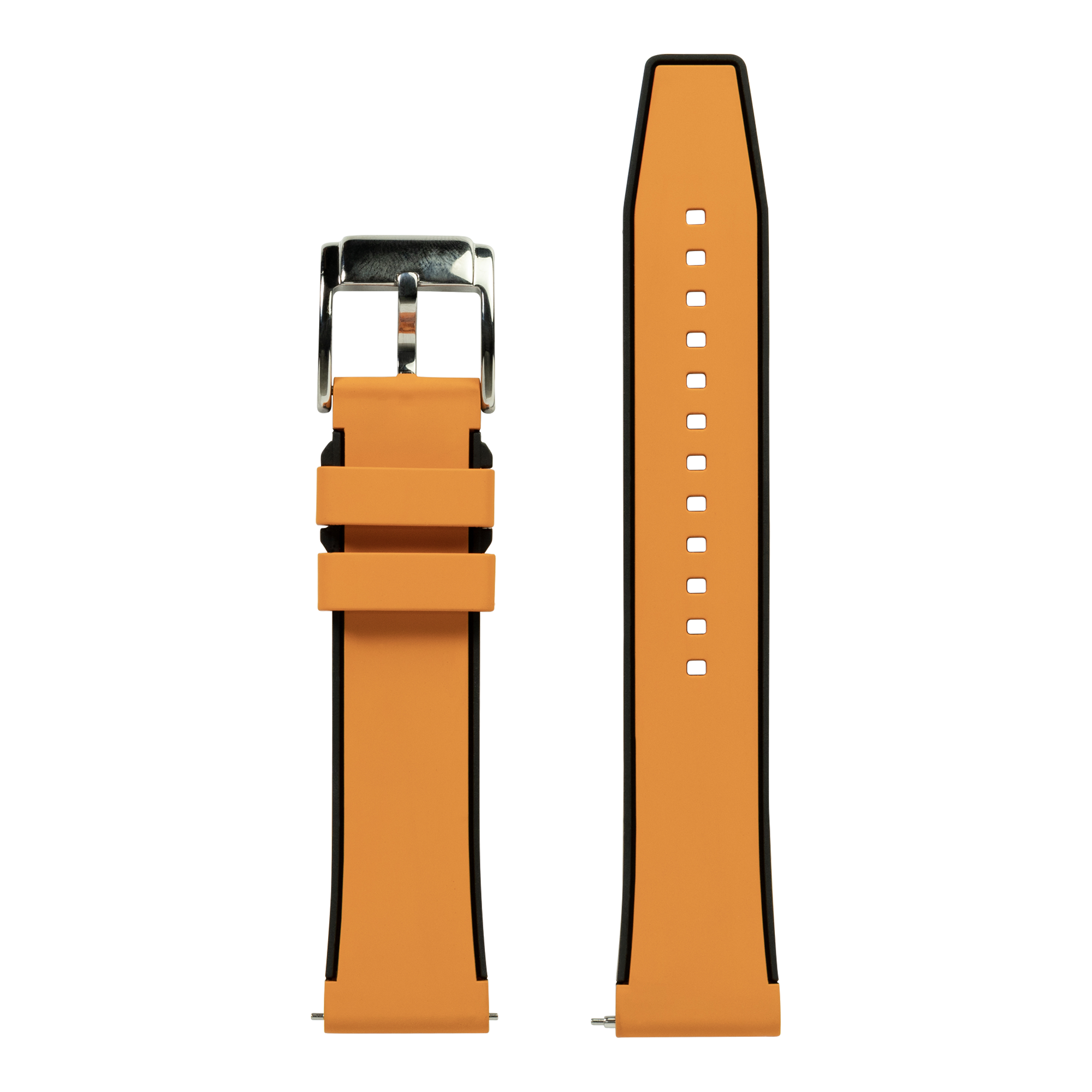 Orange and black FKM rubber quick release watch strap with stainless steel buckle and white stitching detail