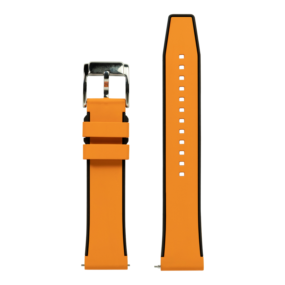 Orange FKM rubber smartwatch band with silver buckle and white stitching, shown assembled and unassembled views
