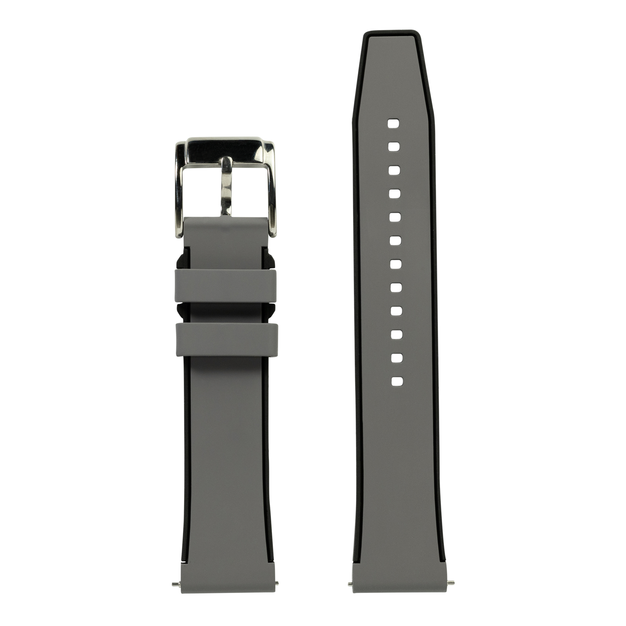 Gray FKM rubber quick release watch strap with silver buckle and perforated holes, shown front and back