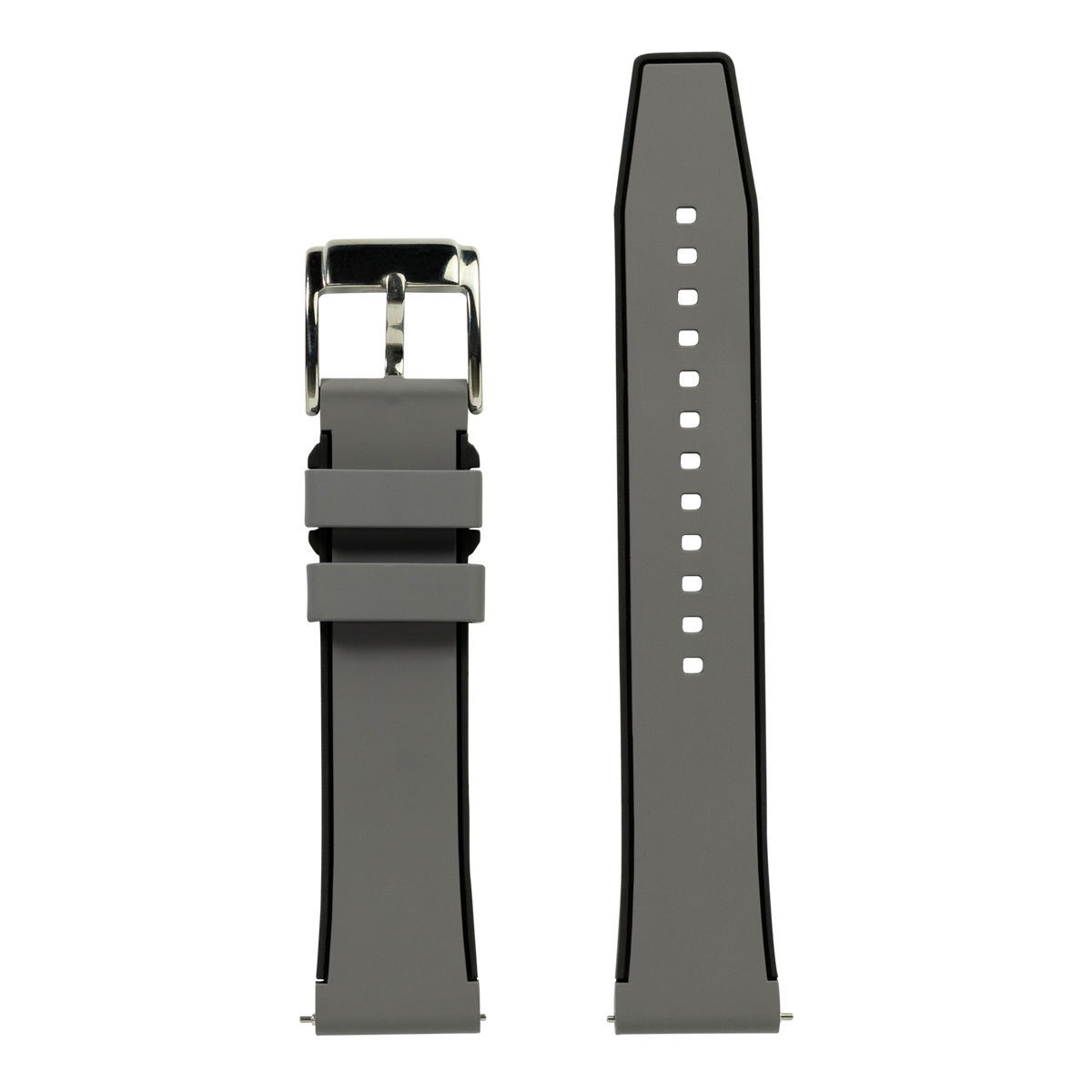 Gray FKM rubber smartwatch band with silver buckle and perforated holes detail