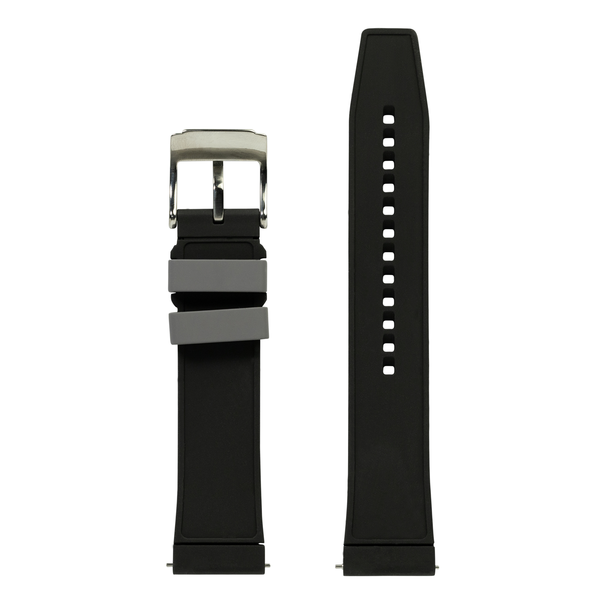 Black and gray quick release FKM rubber watch band with stainless steel buckle and perforated strap design