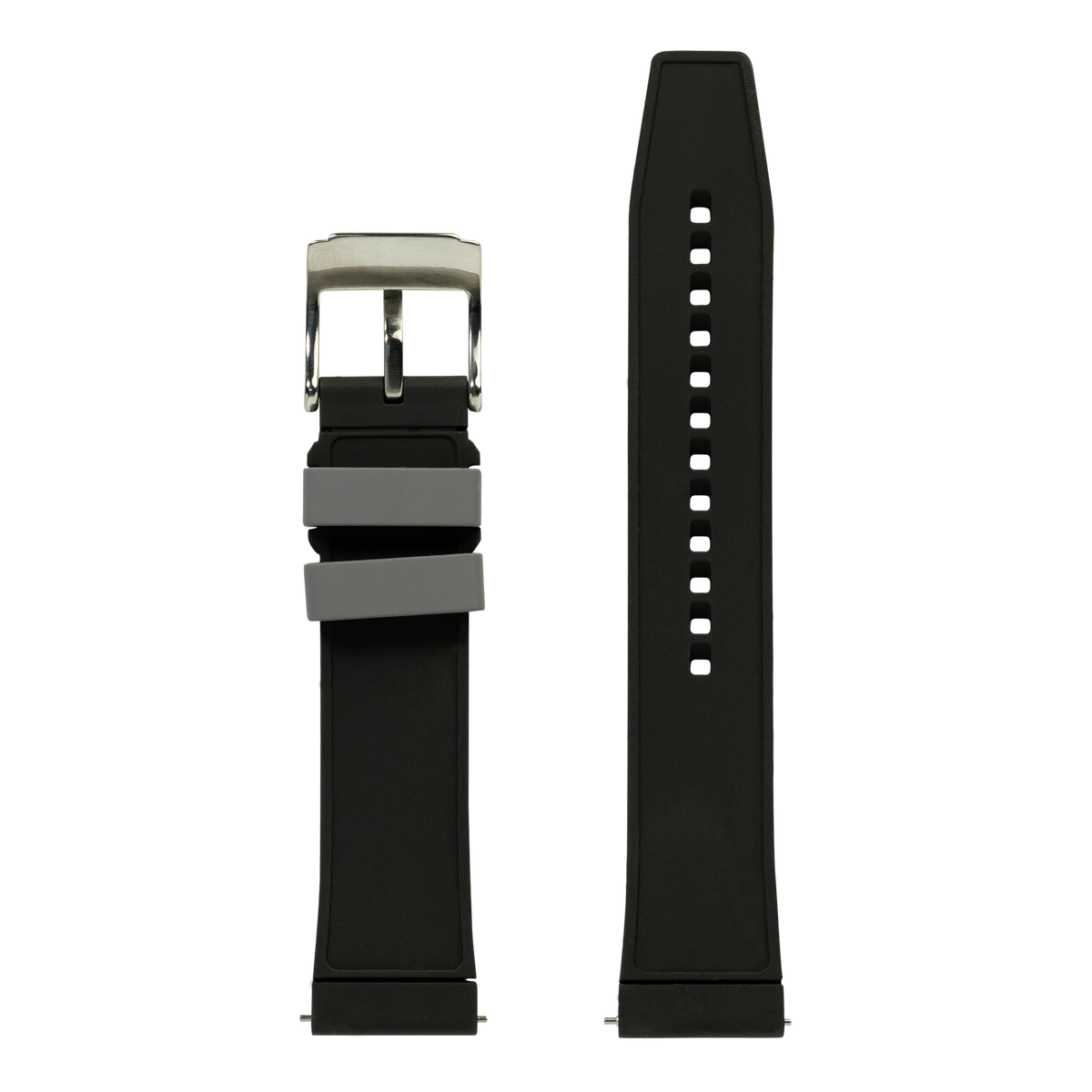 Black and gray FKM rubber watch band with silver buckle and white stitching detail, shown assembled and unassembled view