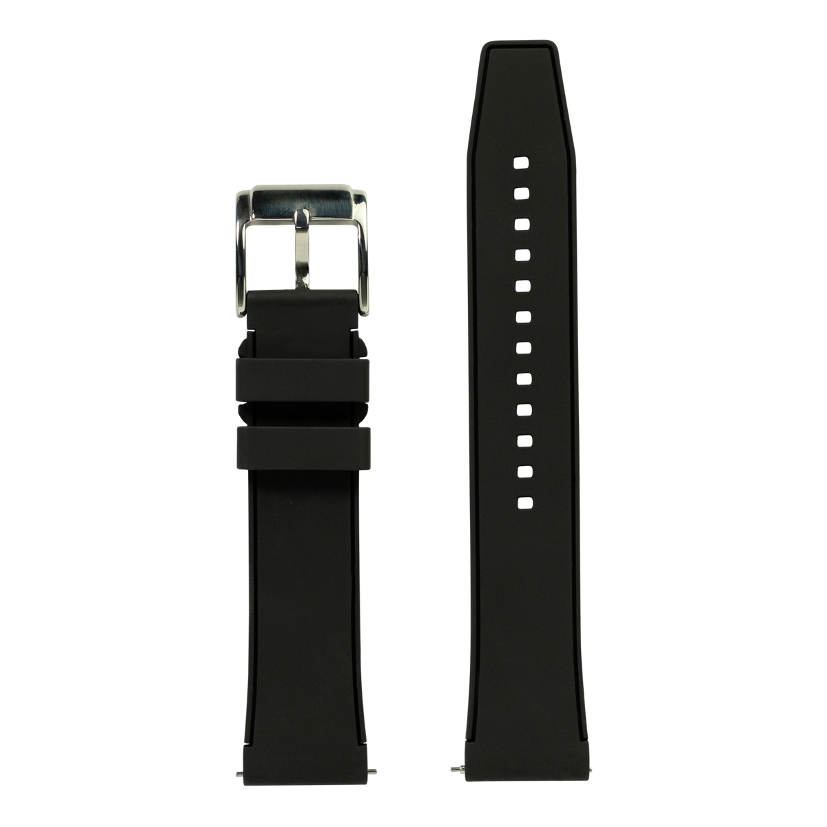 Black FKM rubber watch band with silver buckle and white stitch holes, shown folded and extended