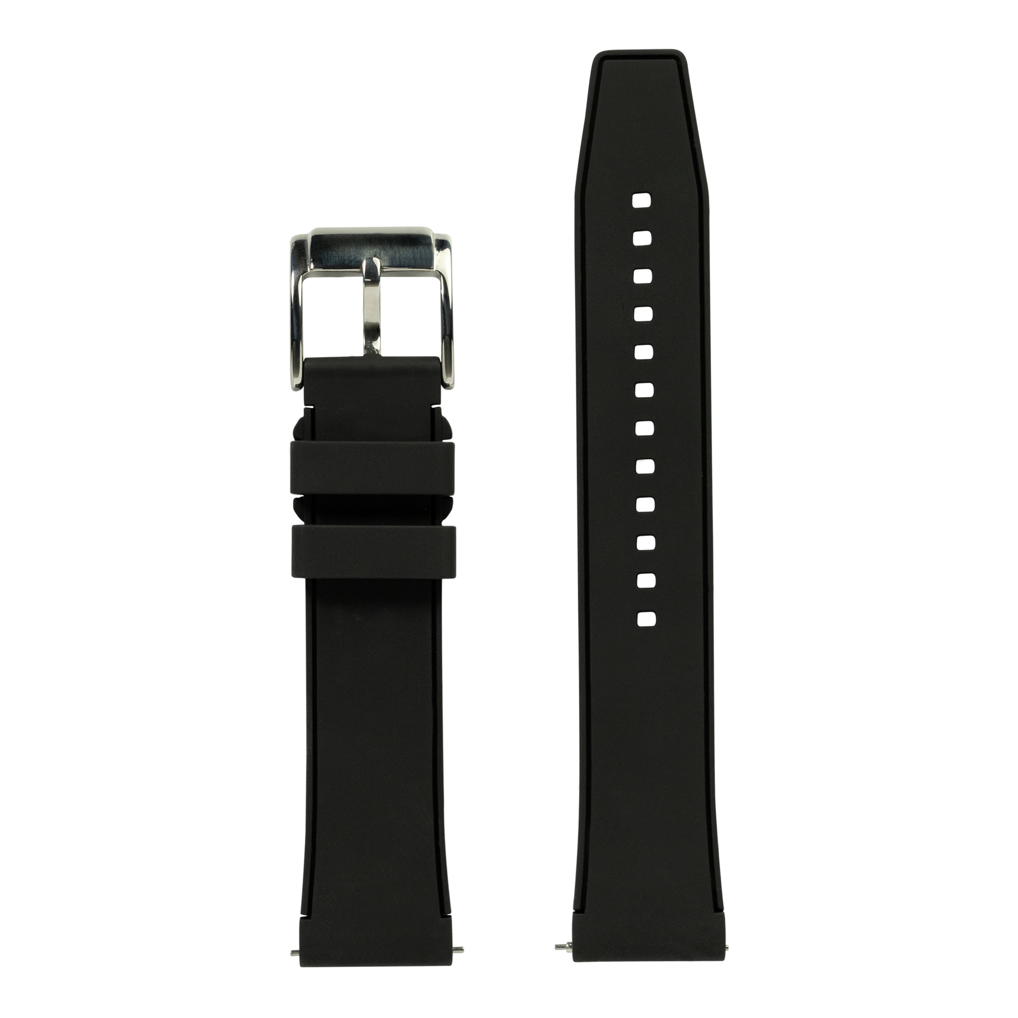 Black FKM rubber watch band with quick release pins, silver buckle, and white stitching detail