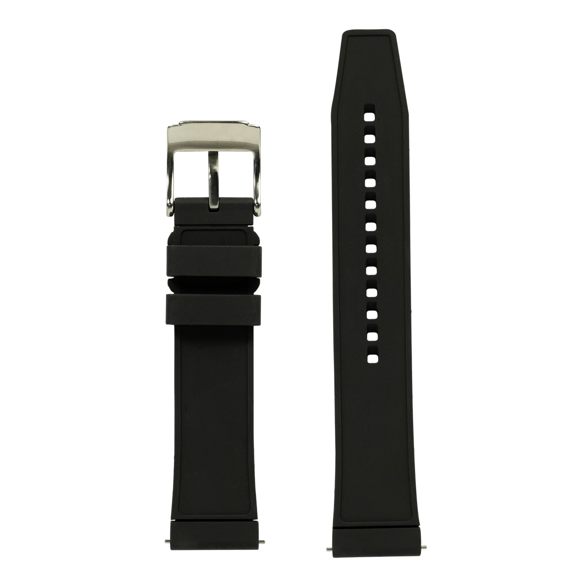 Black FKM rubber watch band with silver buckle and white stitched holes, shown assembled and unassembled views