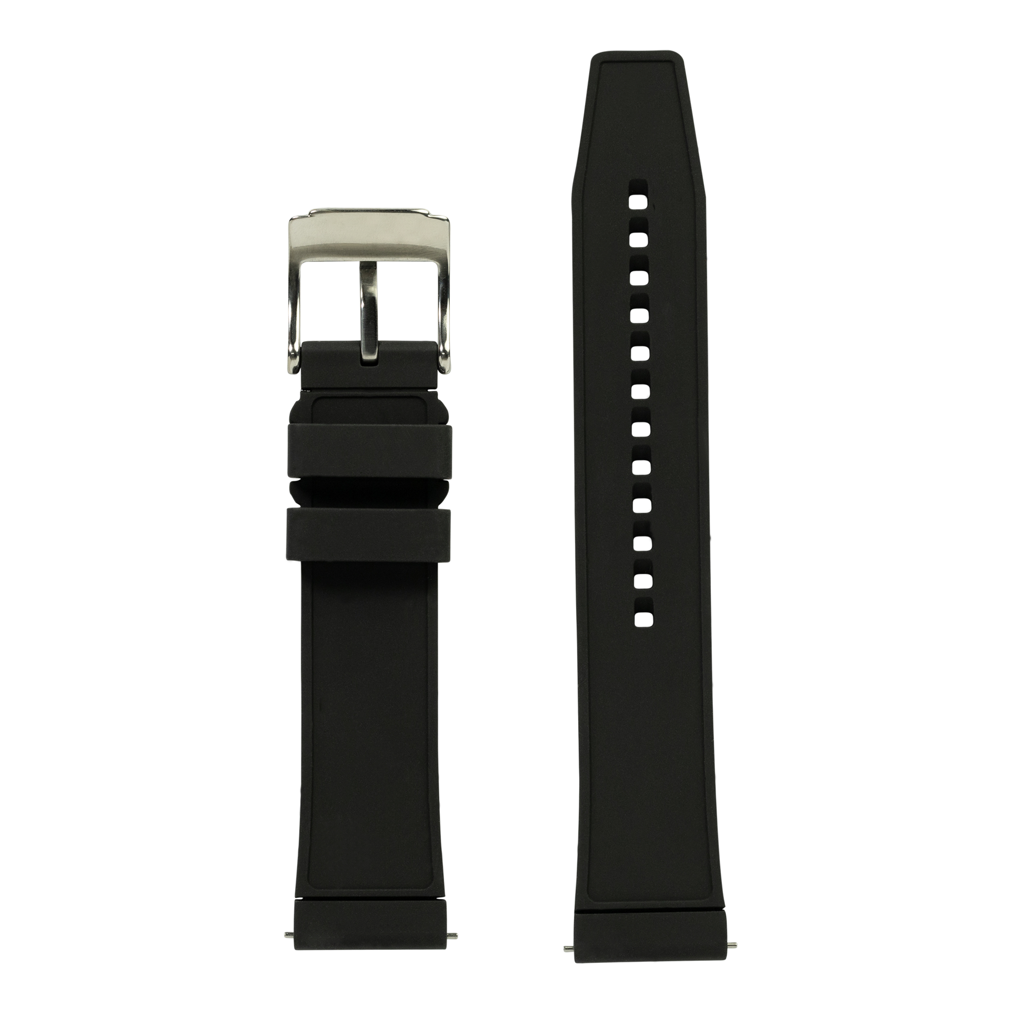 Black FKM rubber watch band with quick release pins, silver buckle, and white stitching shown front and back view