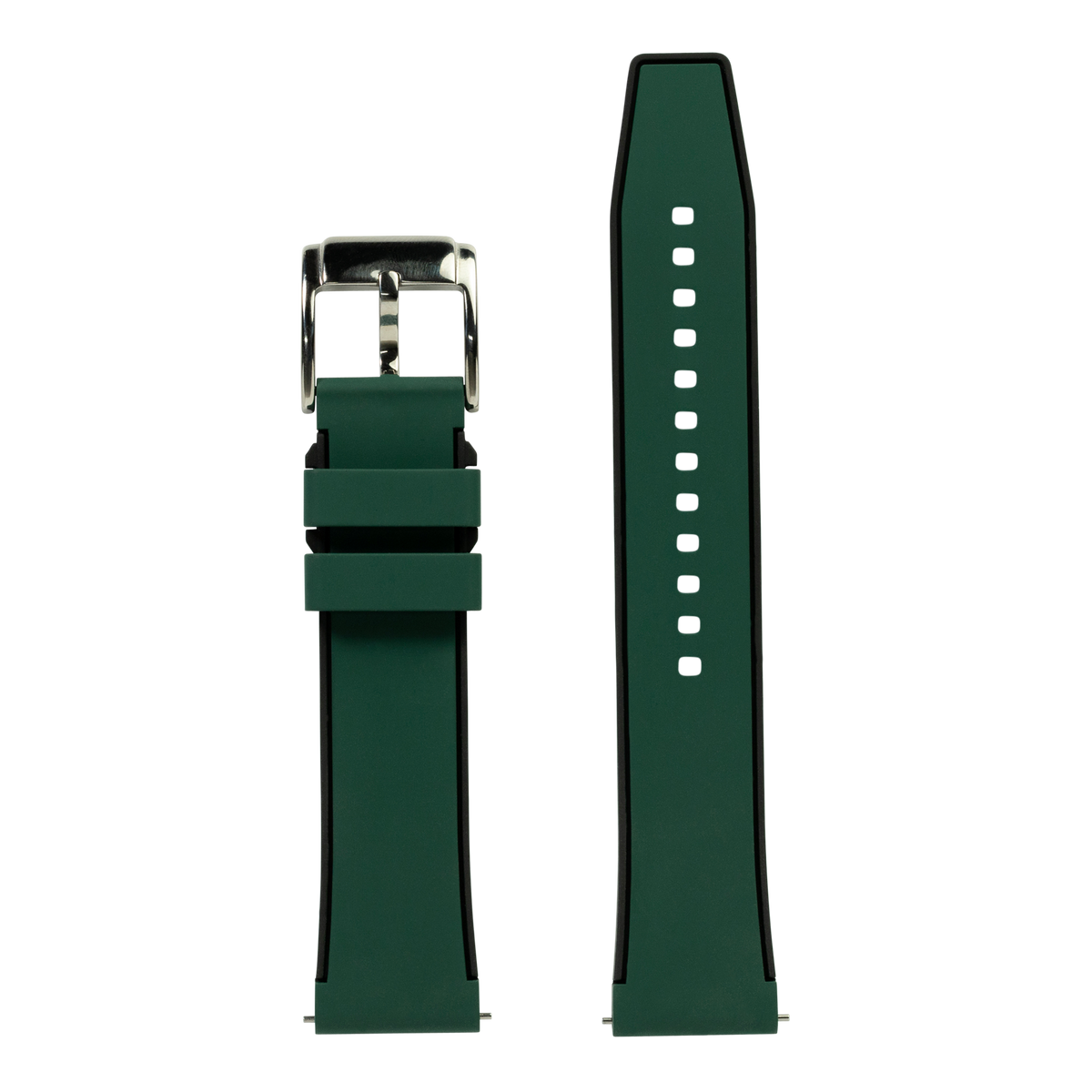 Green and black FKM rubber Apple Watch band with silver buckle and perforated design