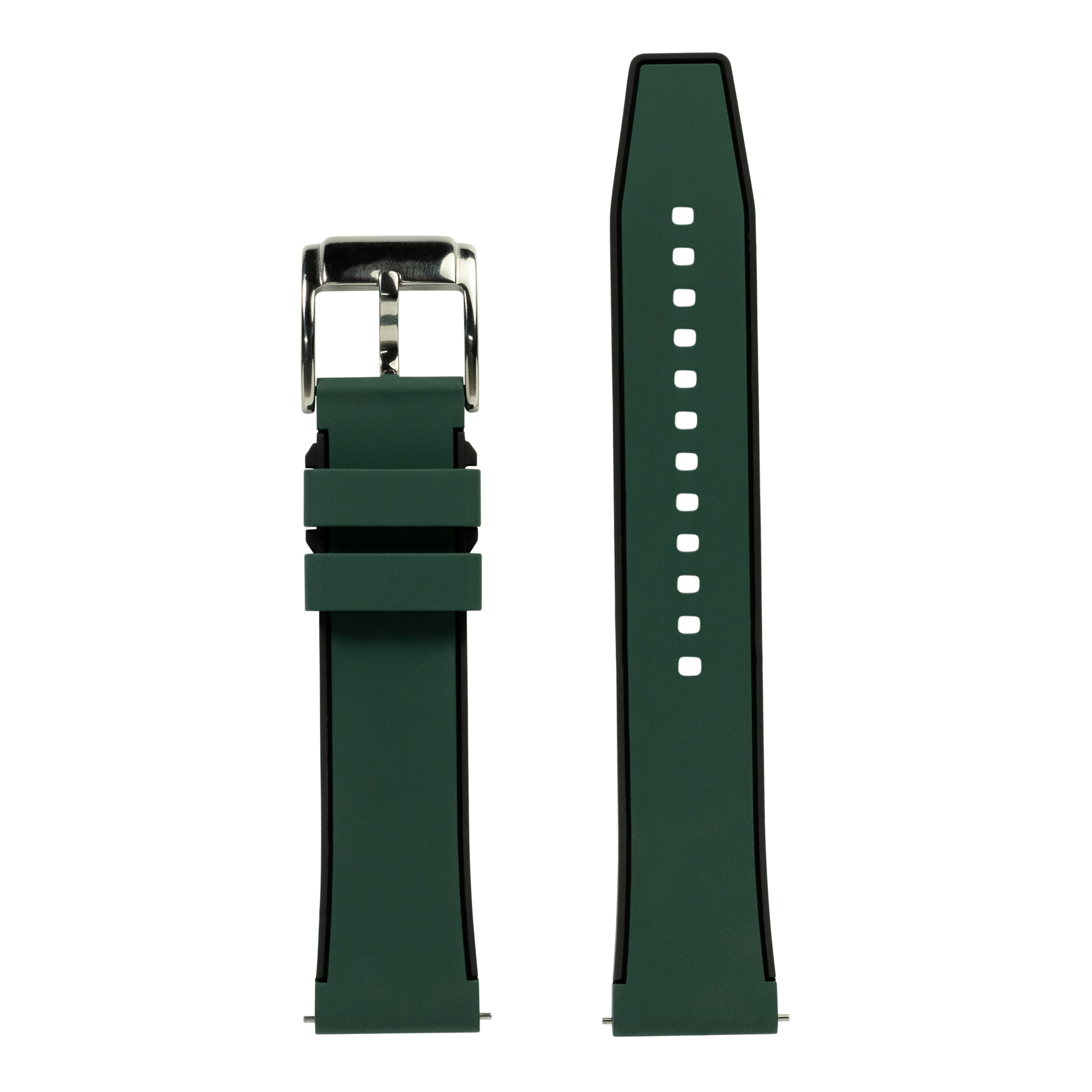 Green and black FKM rubber quick release watch band with silver buckle and white ventilation holes