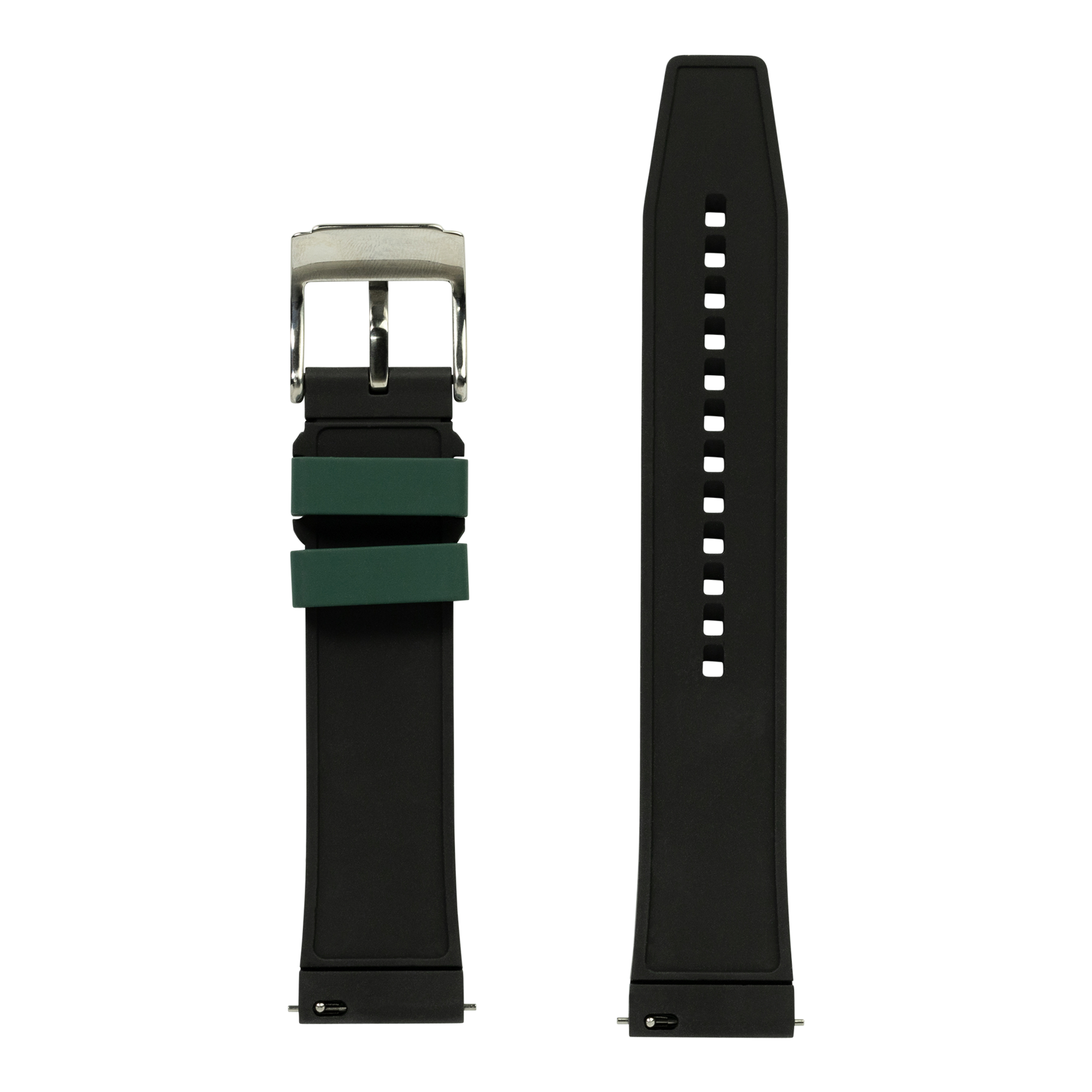 Two-tone FKM rubber quick release watch band with black and green straps and silver buckle