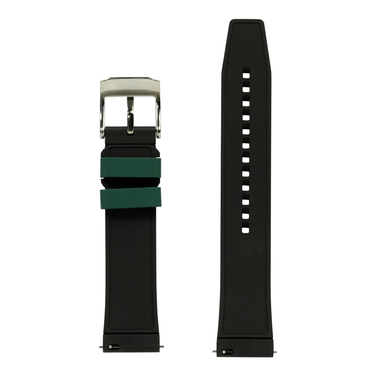 Black and green FKM rubber Apple Watch band with silver buckle and white perforated holes, shown assembled and unassembled