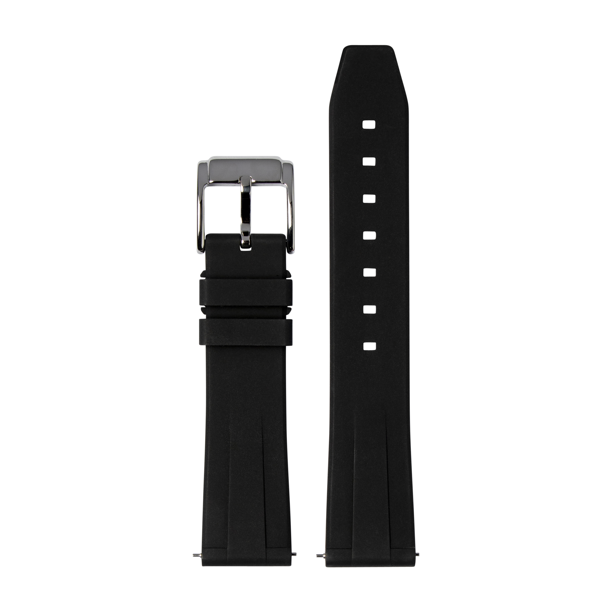 Black rubber watch band with quick release pin, silver buckle, and white adjustment holes
