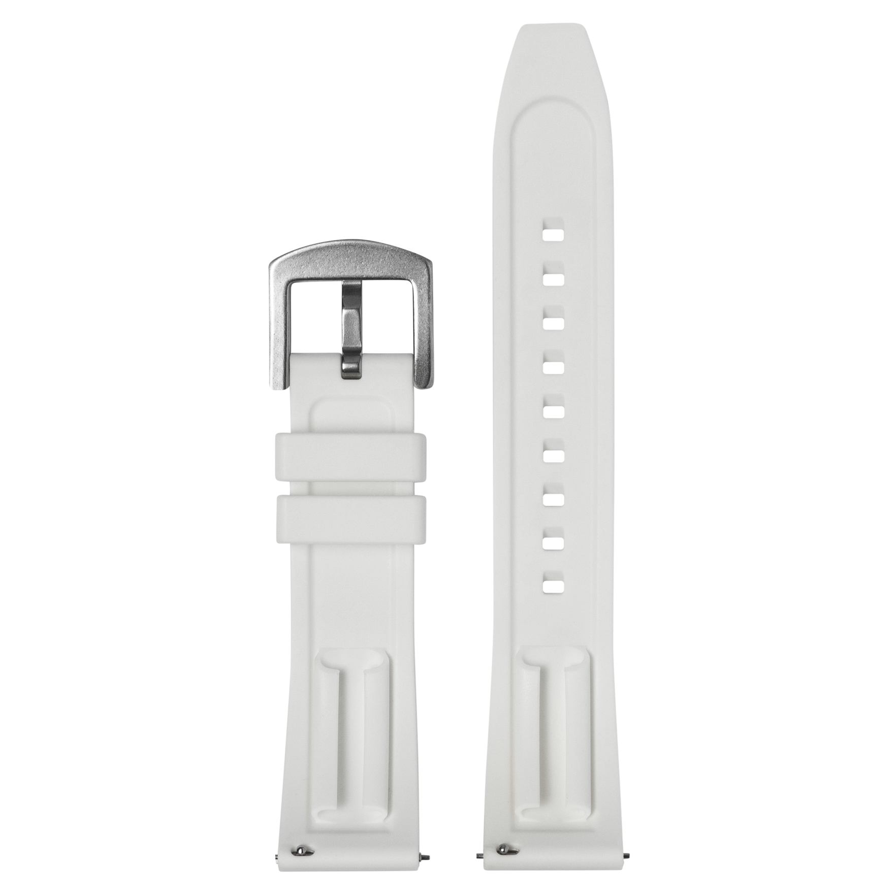 White rubber watch band with quick release mechanism and adjustable holes, featuring stainless steel buckle