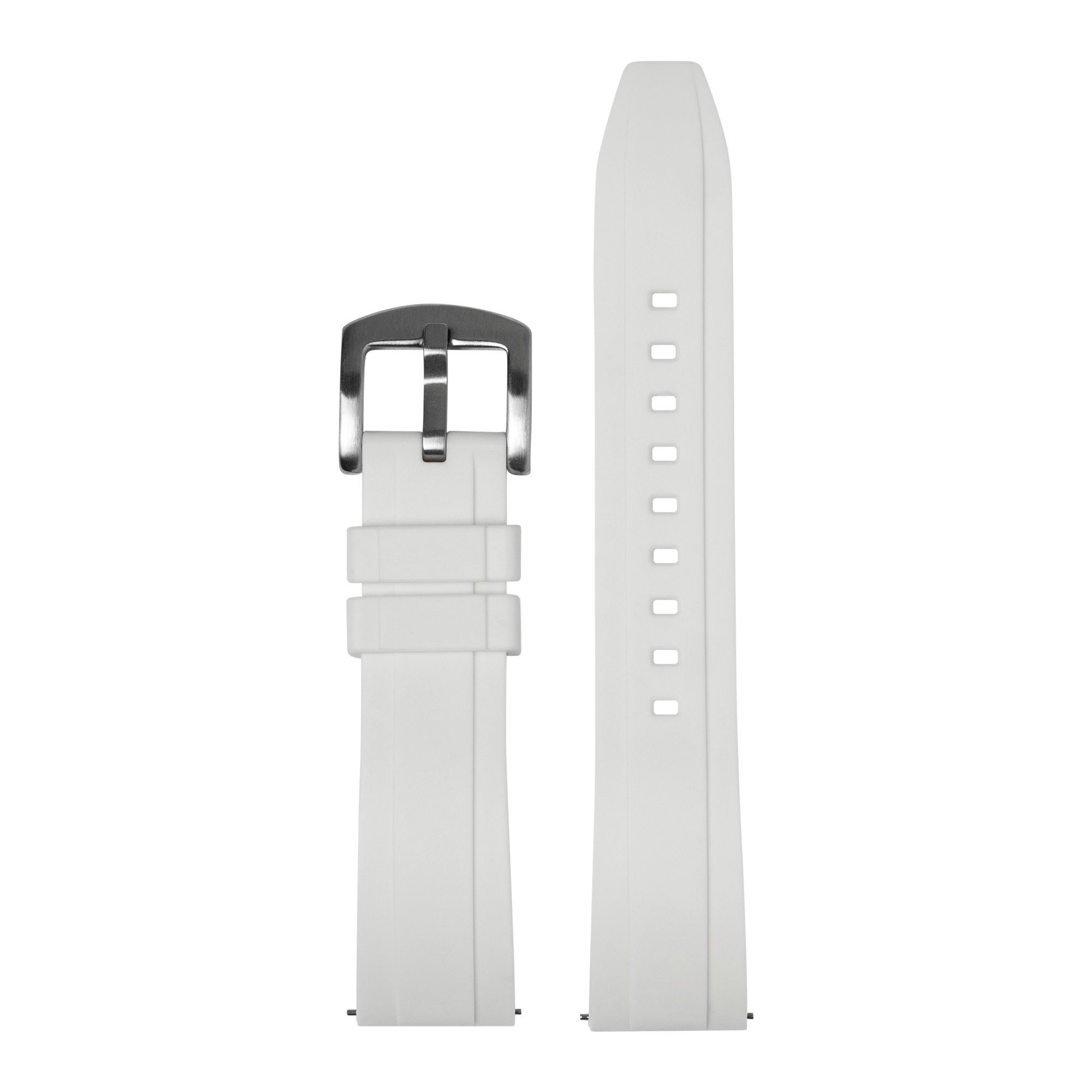 White rubber quick release watch strap with metal buckle and adjustment holes