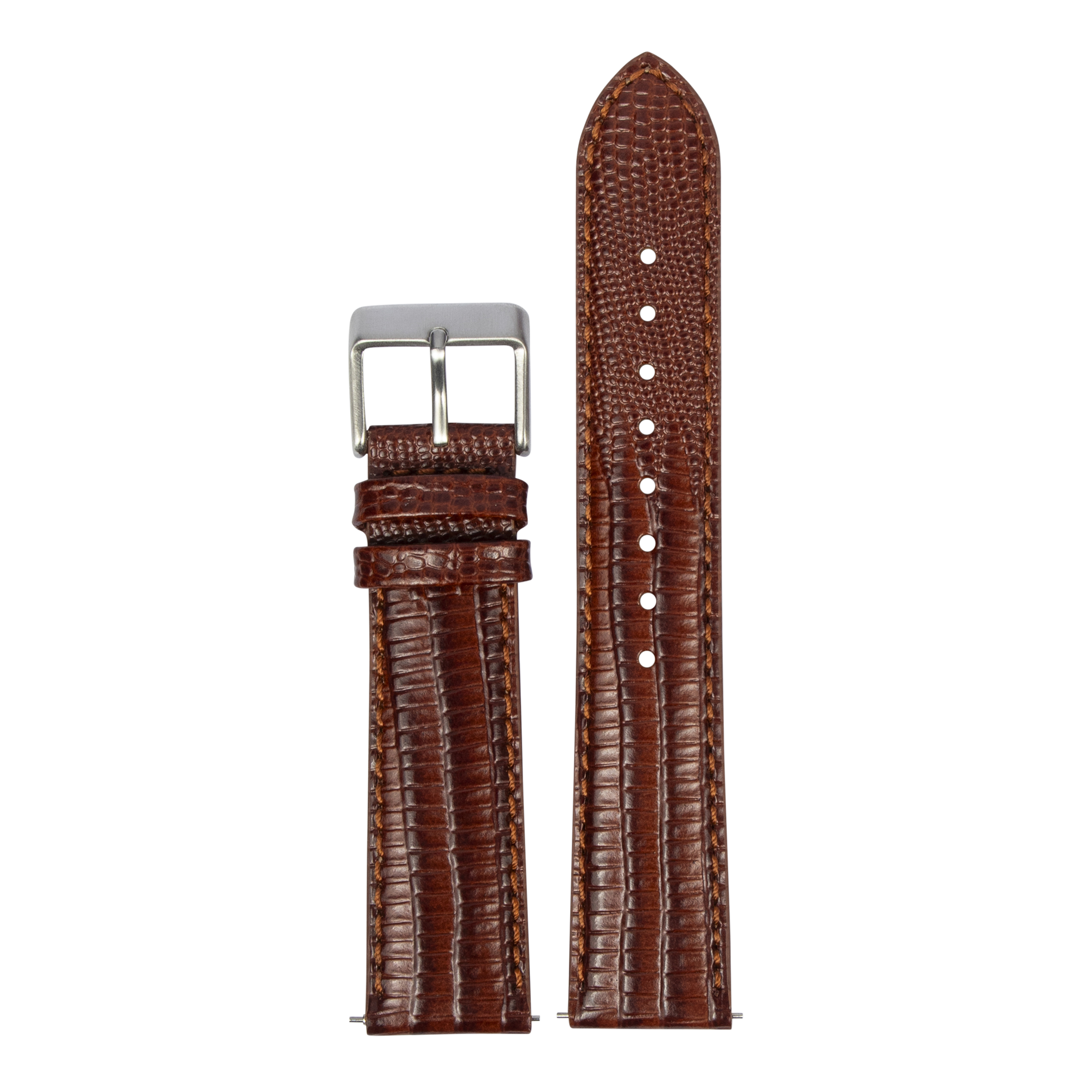 Brown faux lizard quick release watch strap with silver buckle and white stitch detail