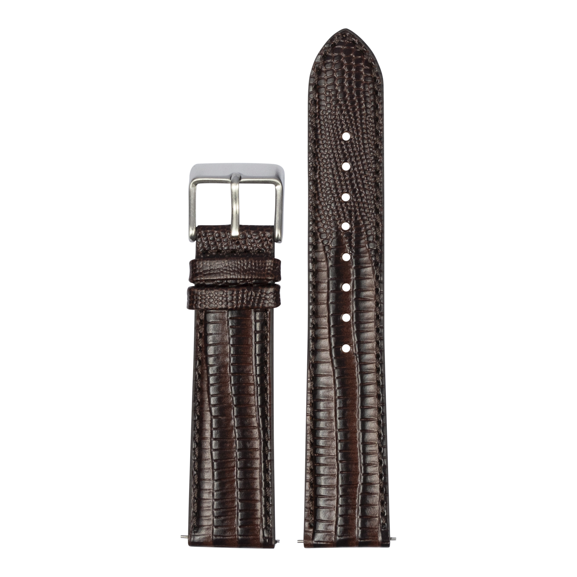 Dark brown quick release watch band with faux lizard texture and silver buckle, isolated on white background