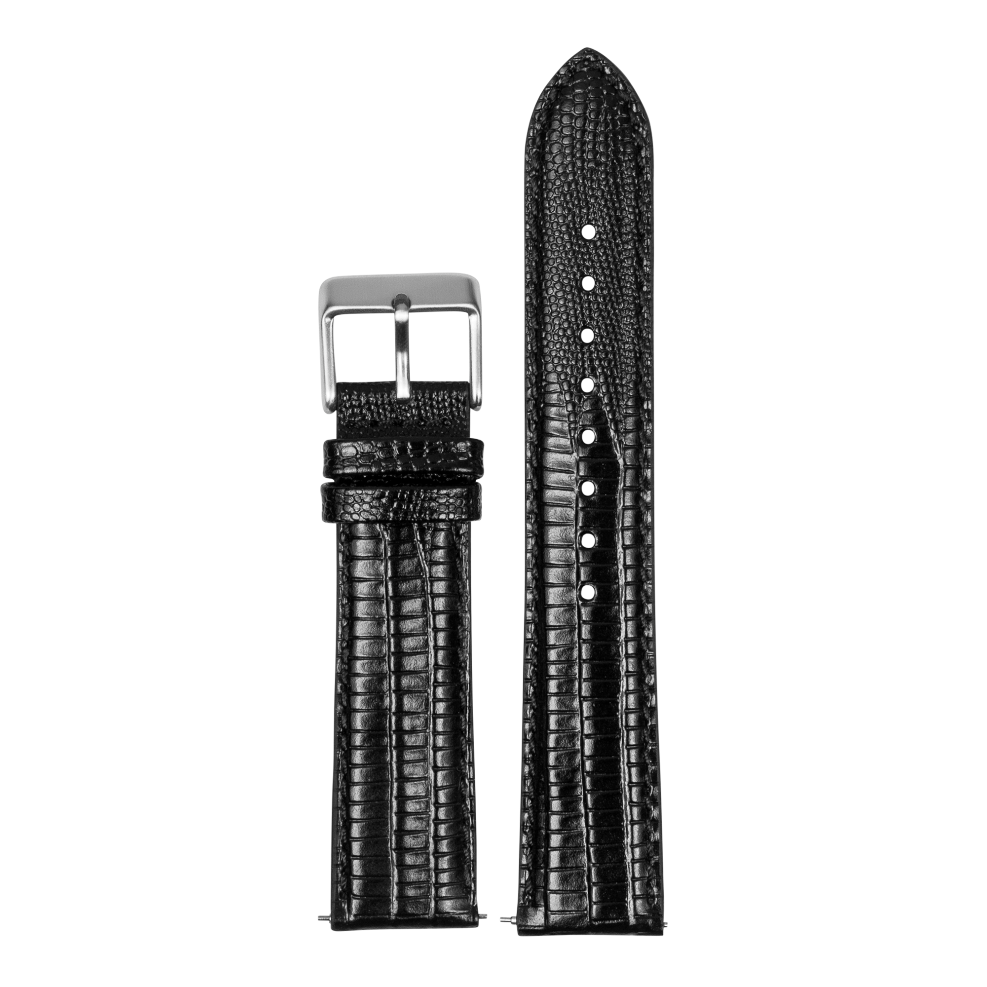 Black faux lizard quick release watch strap with stainless steel buckle and white stitching detail
