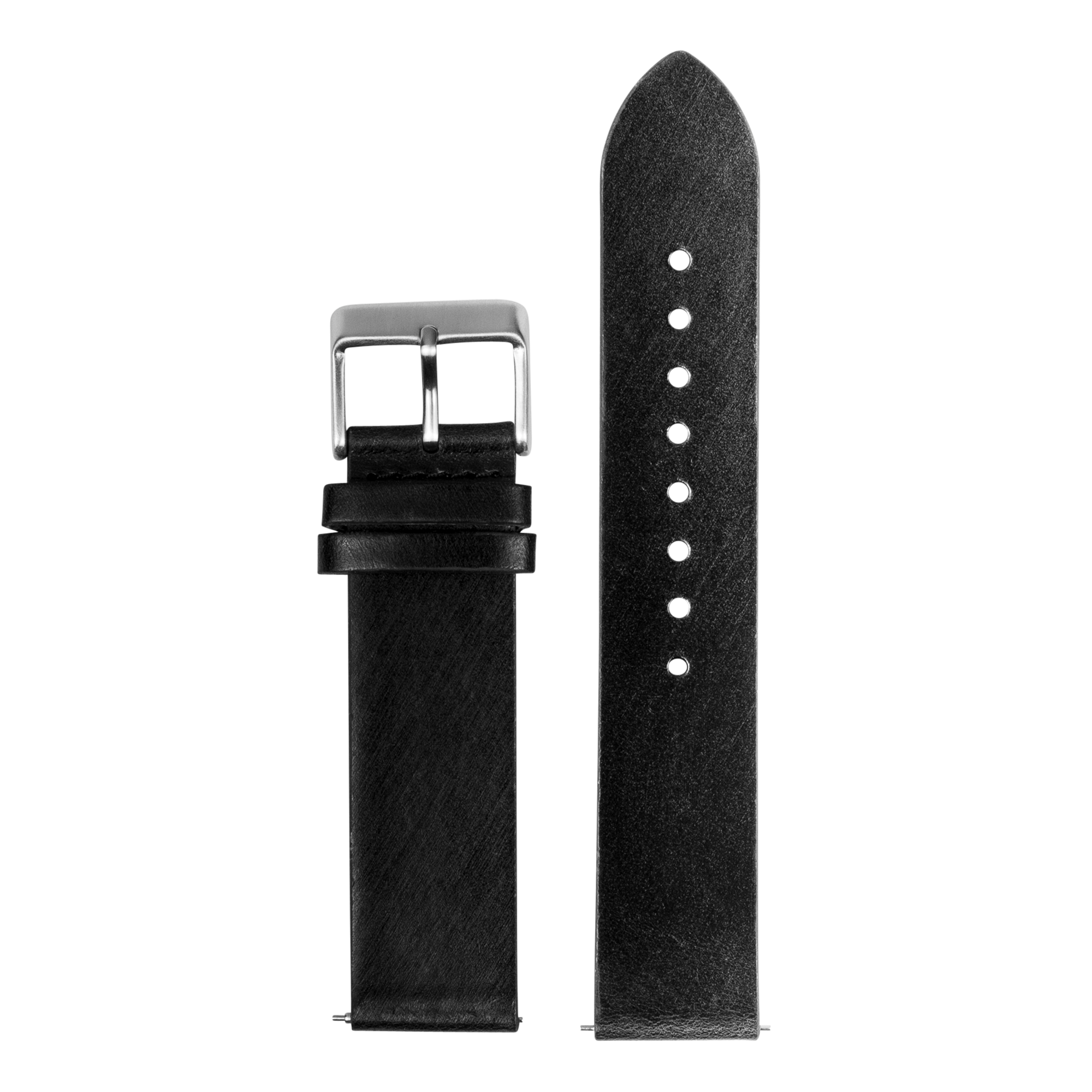 Black leather quick release watch band with silver buckle and adjustment holes, straight cut design