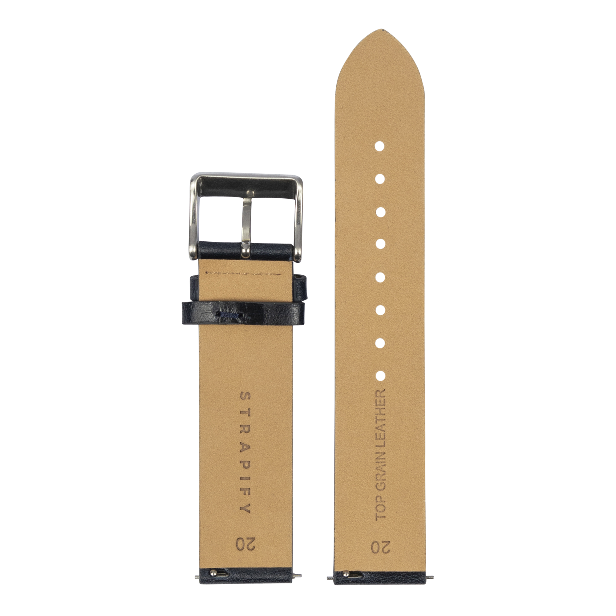 Black leather quick release watch strap with tan suede lining, metal buckle and adjustment holes