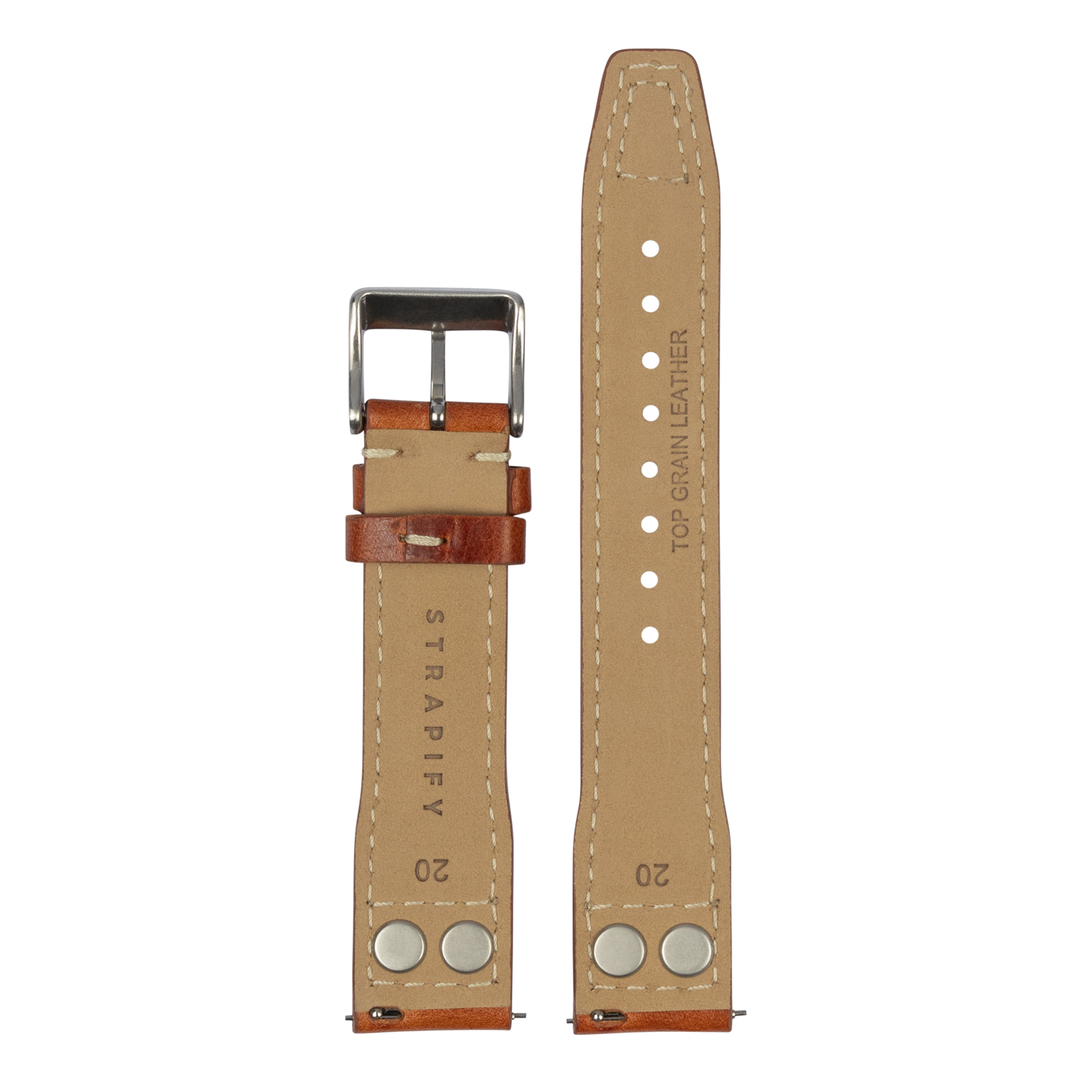 Brown leather quick release watch strap with rivets and metal buckle by Strapify
