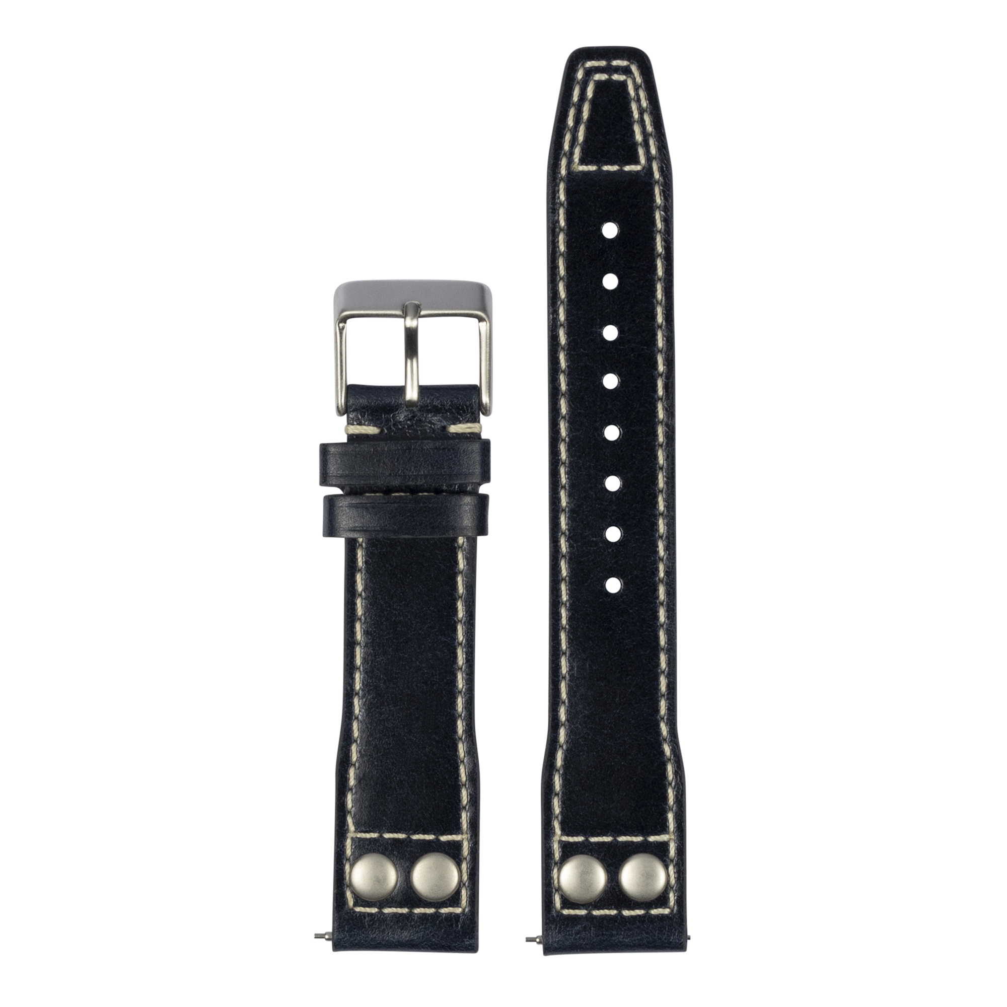 Black leather pilot watch strap with rivets, quick release mechanism, and contrast stitching