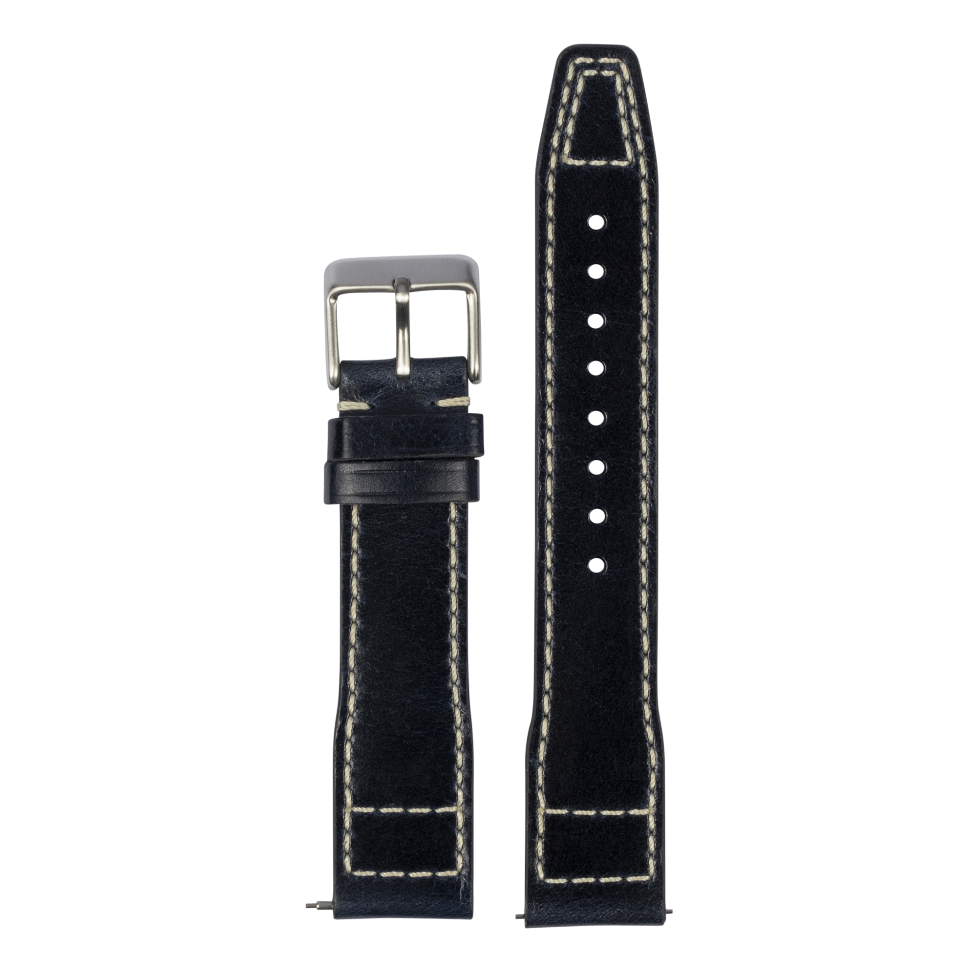 Black leather quick release watch strap with cream stitching, stainless steel buckle and deployant clasp