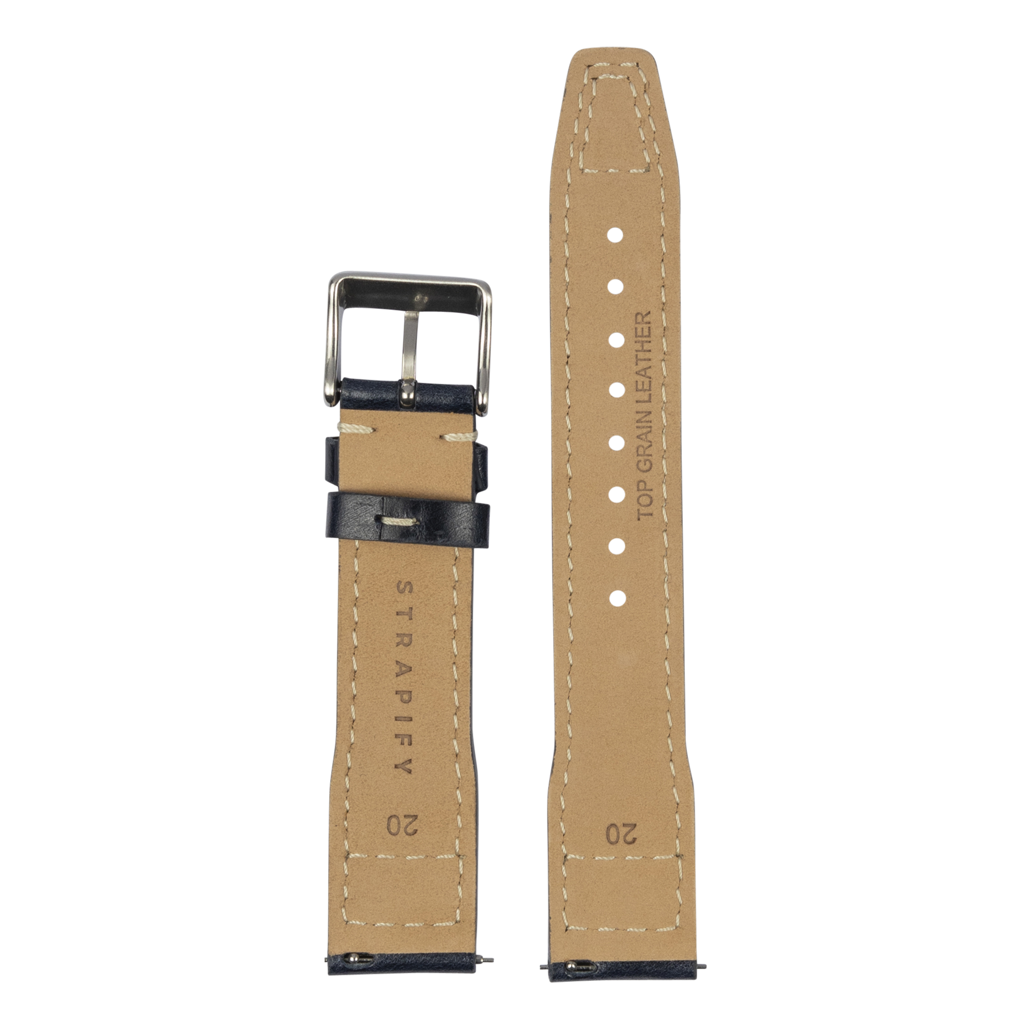 Tan leather quick release watch strap with black contrast lining, contrast stitching, and polished steel buckle