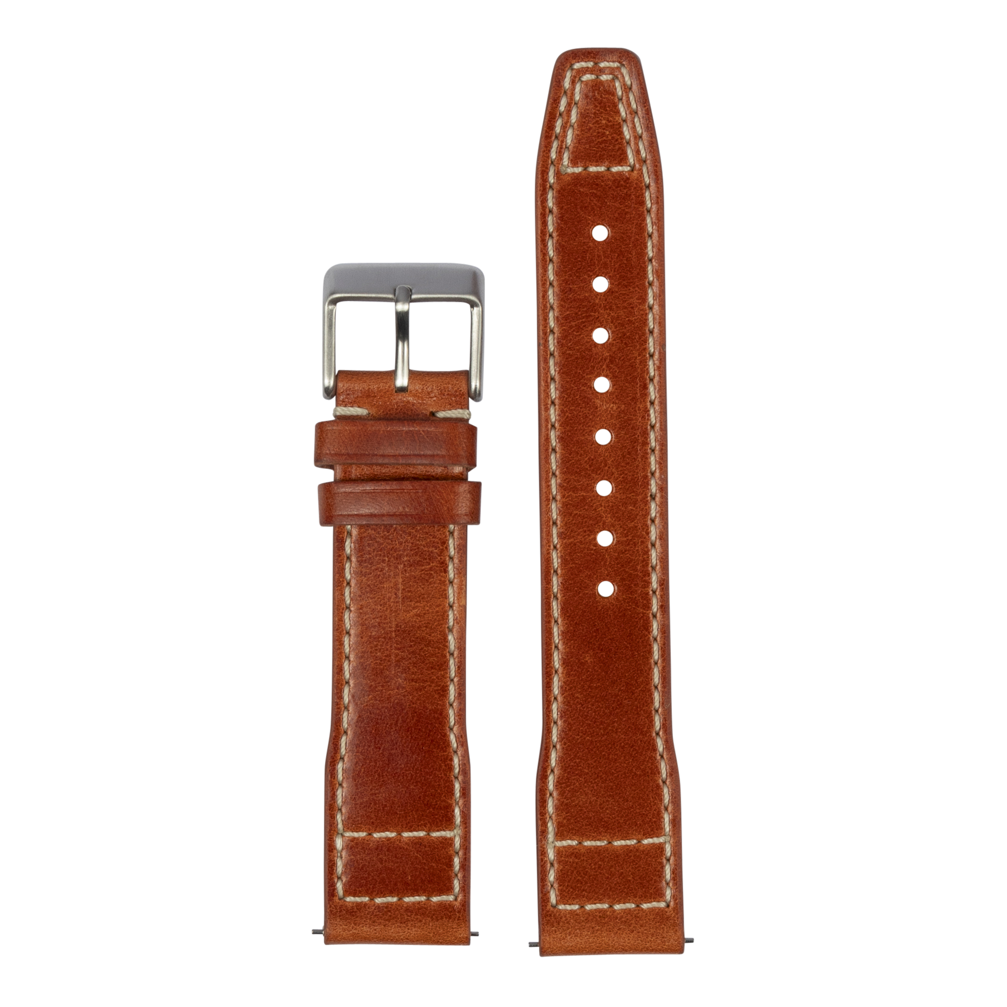 Brown leather quick release watch band with white stitching and stainless steel buckle