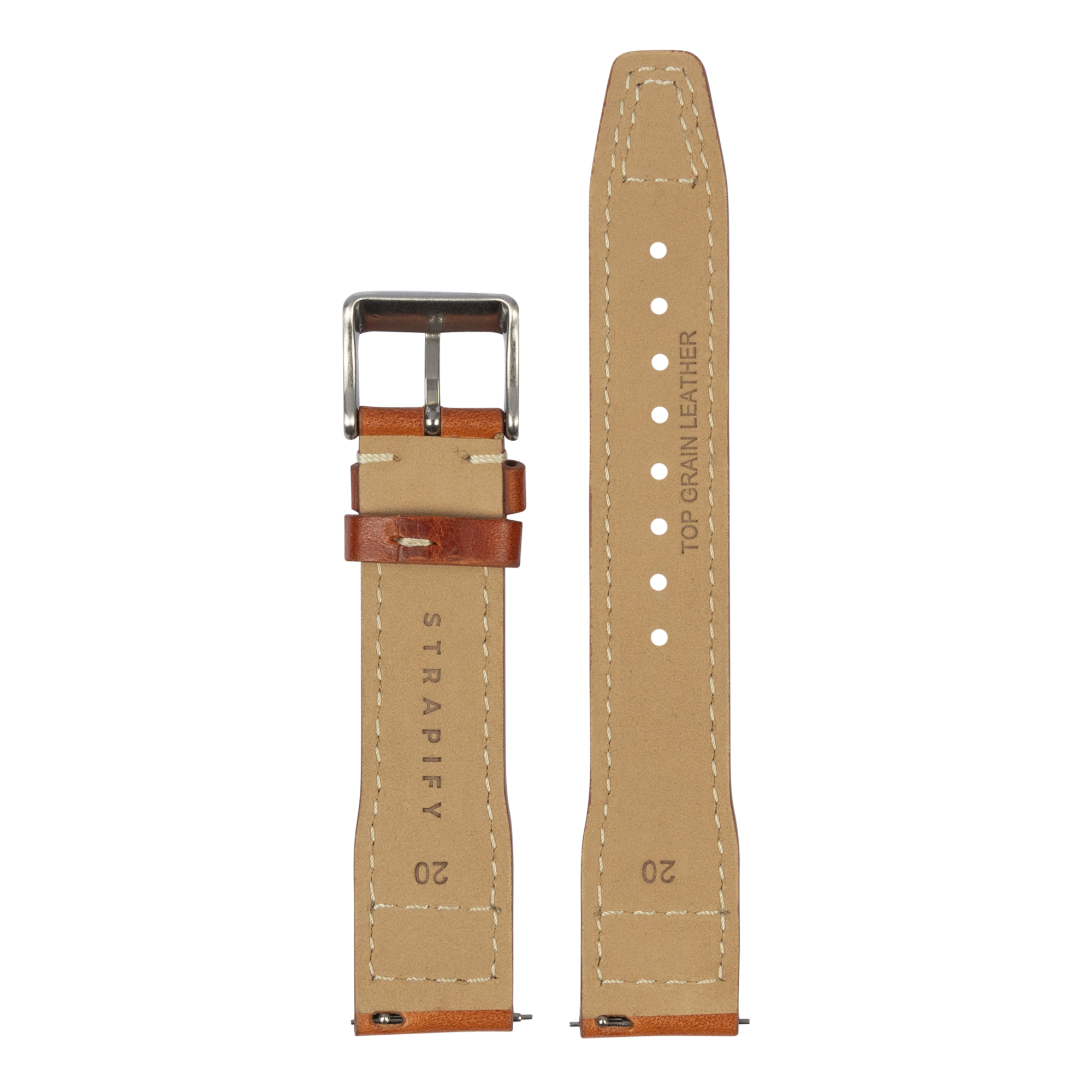 Tan and brown leather quick release watch strap with stainless steel buckle, contrast stitching, and adjustment holes