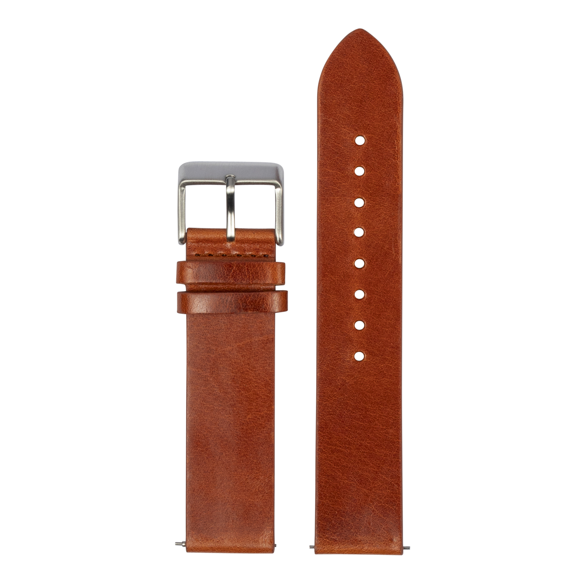 Cognac brown leather quick release watch band with silver buckle and white stitching holes displayed flat