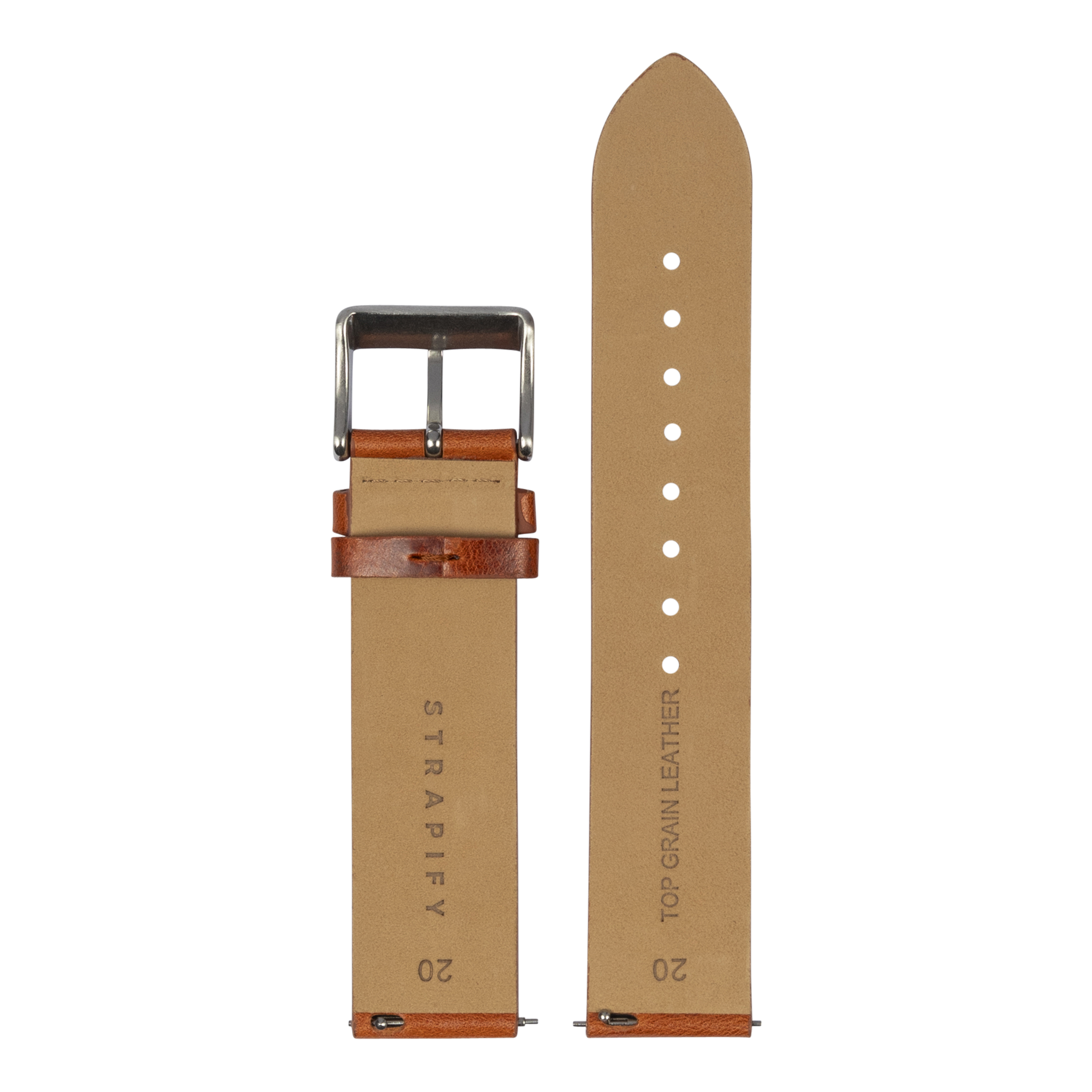 Brown leather quick release watch strap with silver buckle and white adjustment holes, top grain leather construction