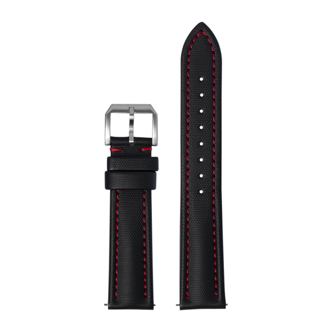 Black King Sailcloth watch strap with red stitching and stainless steel buckle for Garmin QuickFit