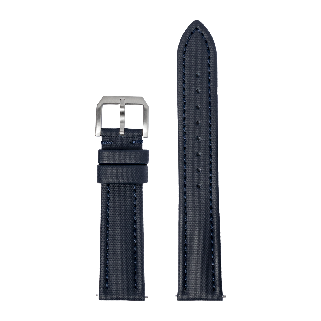 Navy blue King Sailcloth watch strap with red stitching and stainless steel buckle for Garmin QuickFit