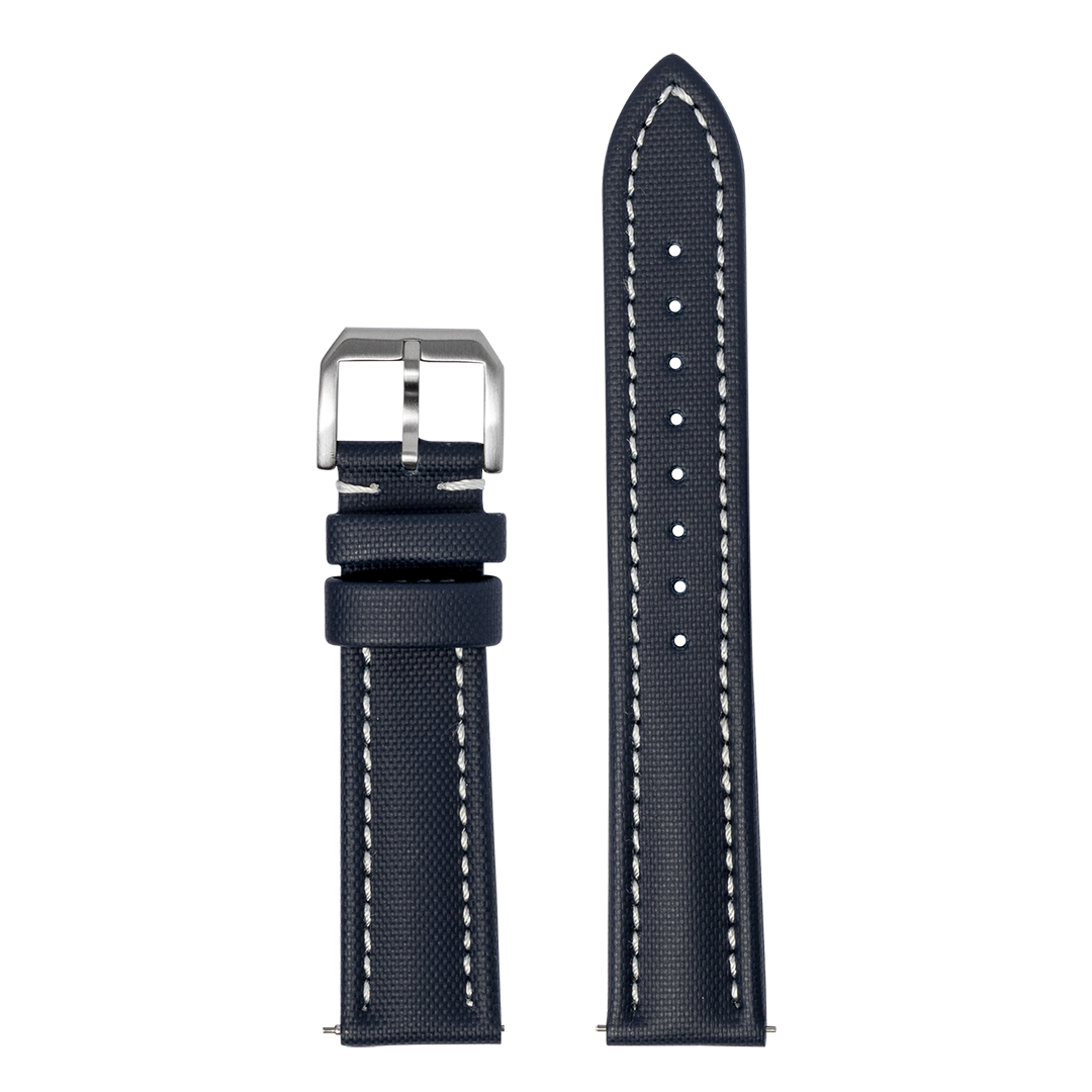 Navy blue King Sailcloth watch strap with white stitching and stainless steel buckle for Garmin QuickFit
